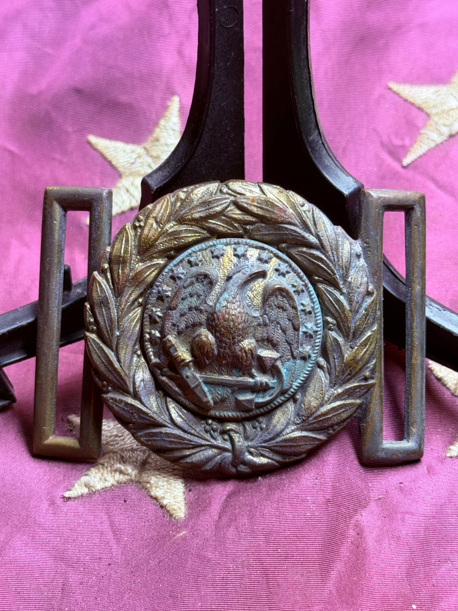 Civil War American Militia Eagle Belt Buckle with Laurel Wreath: This cast brass belt buckle features a raised American eagle set within a laurel wreath, a classical symbol of victory and civic virtue. The central eagle—shown perched with wings partially spread a