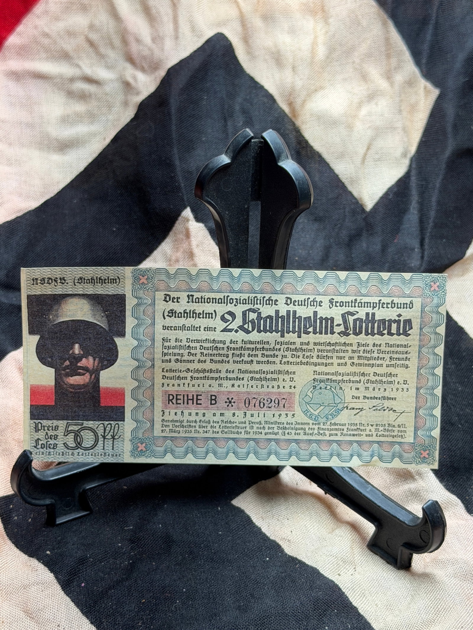 WW2 German 2nd Stahlhelm Lottery Ticket, Series B (1935): This printed lottery ticket was issued in 1935 for the 2. Stahlhelm-Lotterie, organized by the Nationalsozialistischer Deutscher Frontkämpferbund (Stahlhelm), a nationalist veterans’ organization i