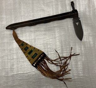 1800's 19th Century Native American Cherokee Pipe Tomahawk with Beaded Drop & Forged Blade