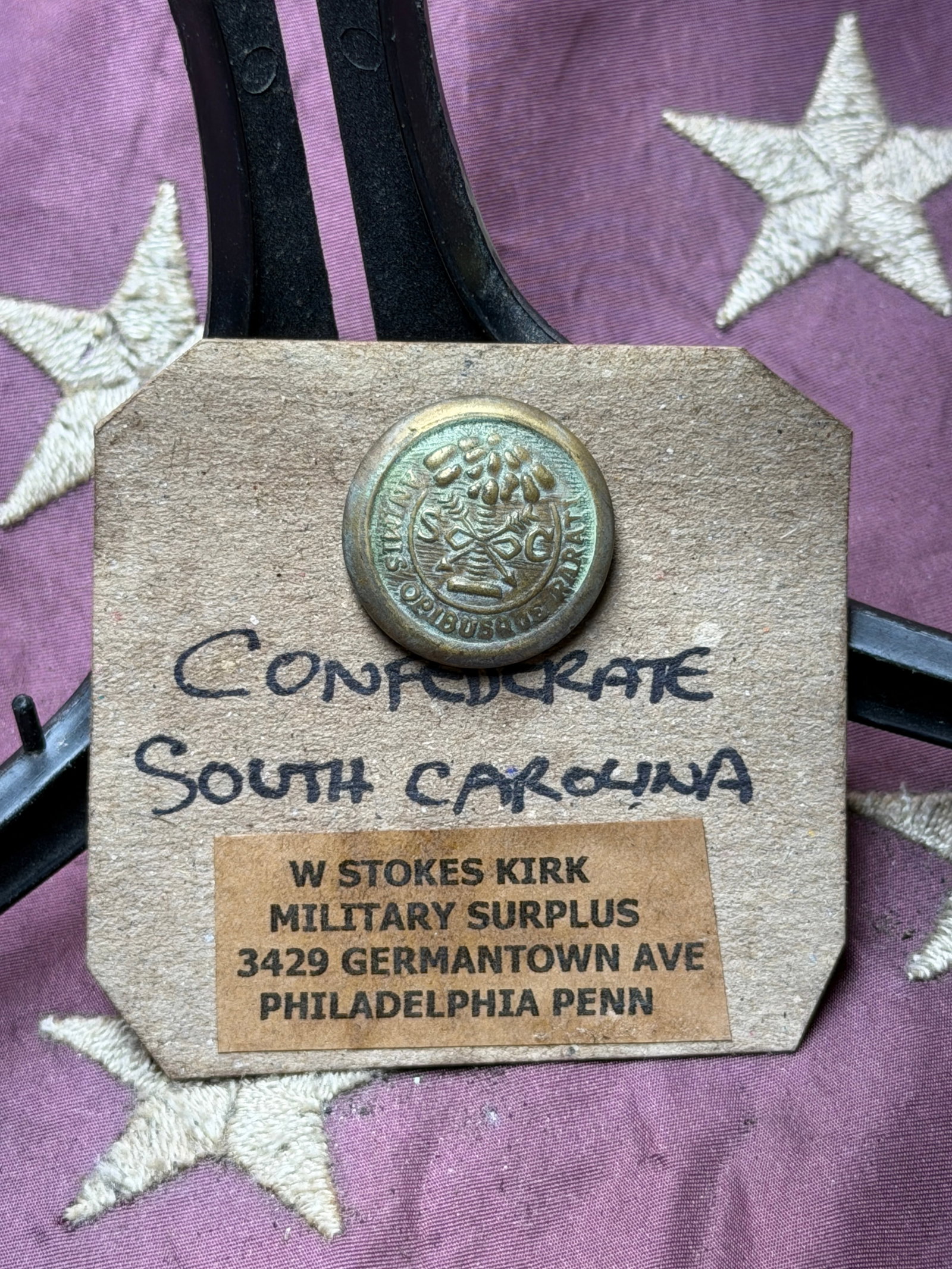 Confederate States of America Button, South Carolina — American Civil War (1861–1865): This original Confederate States of America (CSA) button is attributed to South Carolina and dates to the American Civil War, circa 1861–1865. The button bears a distinctive Southern device featurin