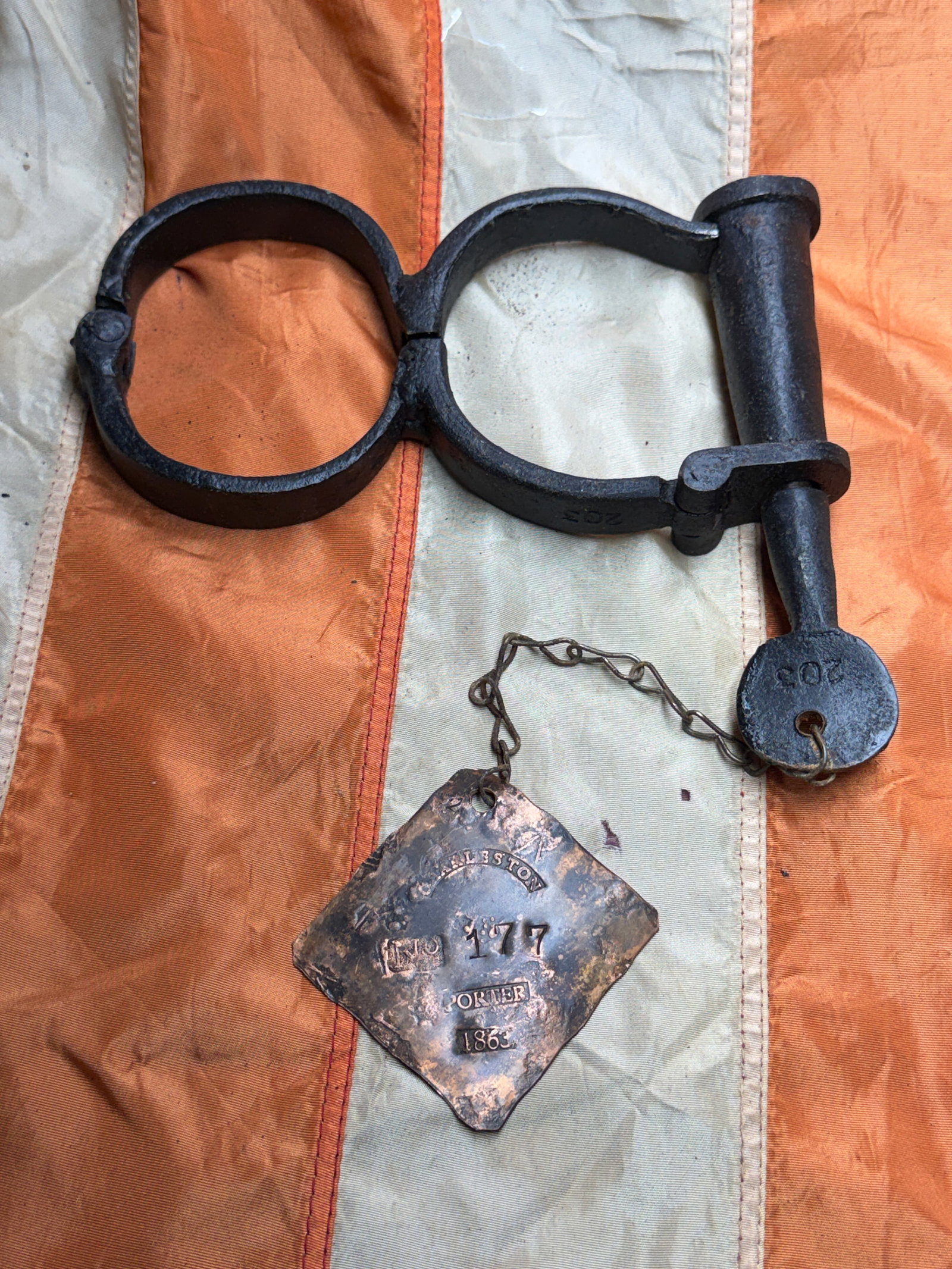 Civil War–Era Slave Shackles w/ Original Charleston Slave Tag “No. 177 – Porter – 1863 (1 of 10)