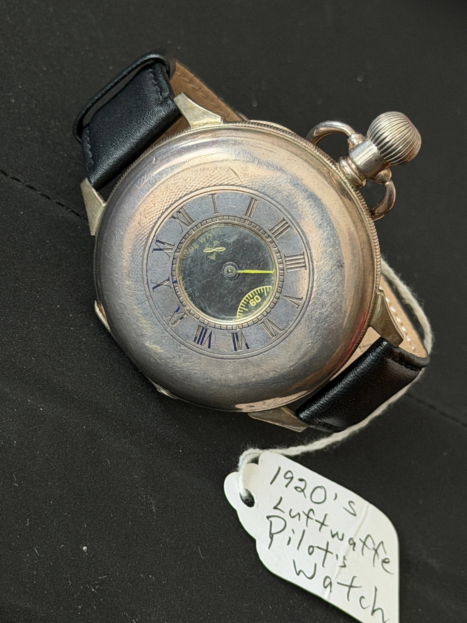WWII German Luftwaffe Pilot’s Wristwatch – Rode Watch Co. – Dated 1942: World War II–era German Luftwaffe pilot’s wristwatch, manufactured by Rode Watch Co. and dated 1942, as clearly engraved on the reverse of the case. This is a genuine period military timepiece pro