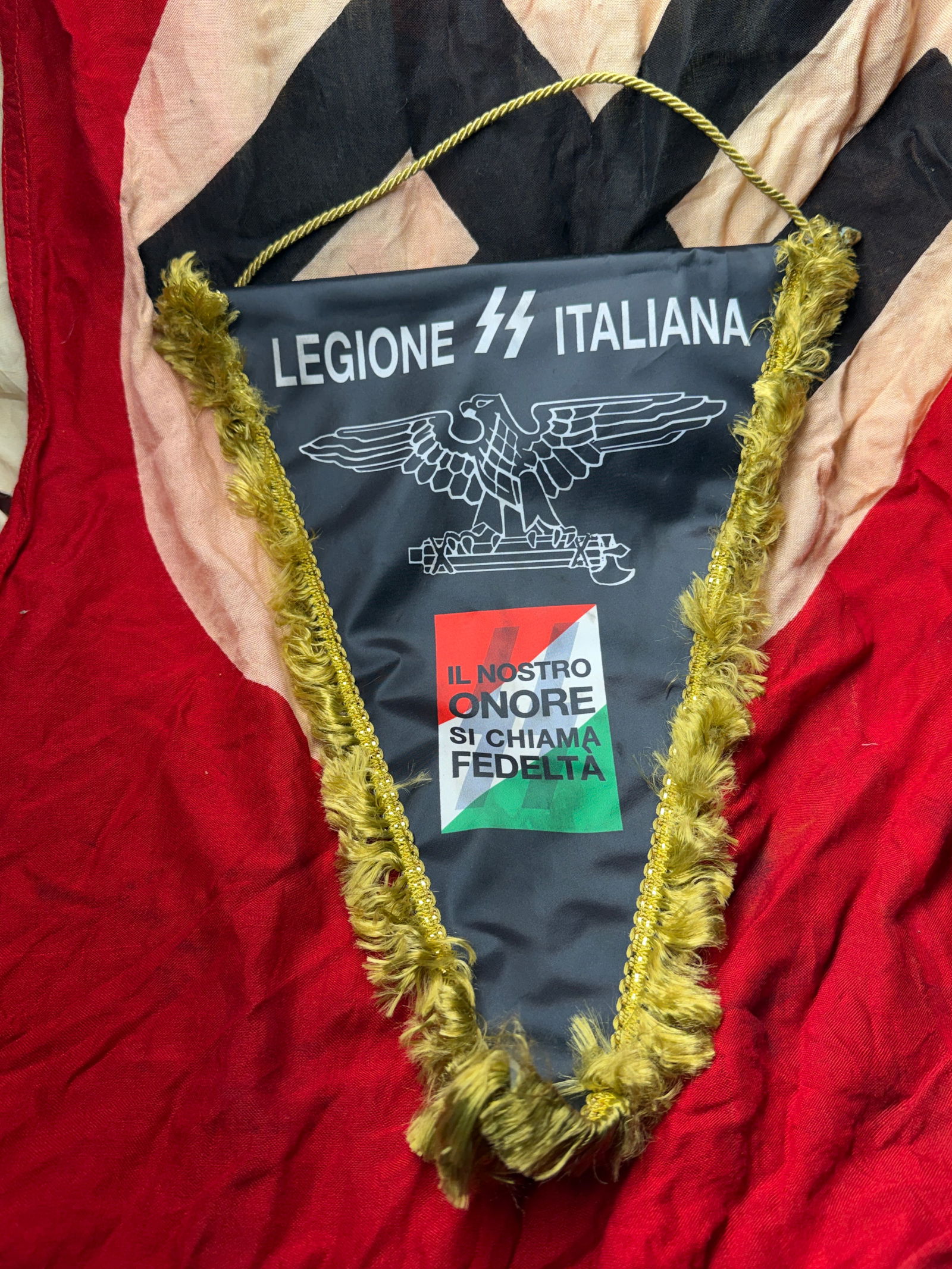 WW2 German Pennant of the Italian SS Legion (Legione SS Italiana), c. 1943–1945: This triangular pennant is associated with the Legione SS Italiana, the Italian Waffen-SS formation created following Italy’s armistice with the Allies in September 1943 and its subsequent alignment