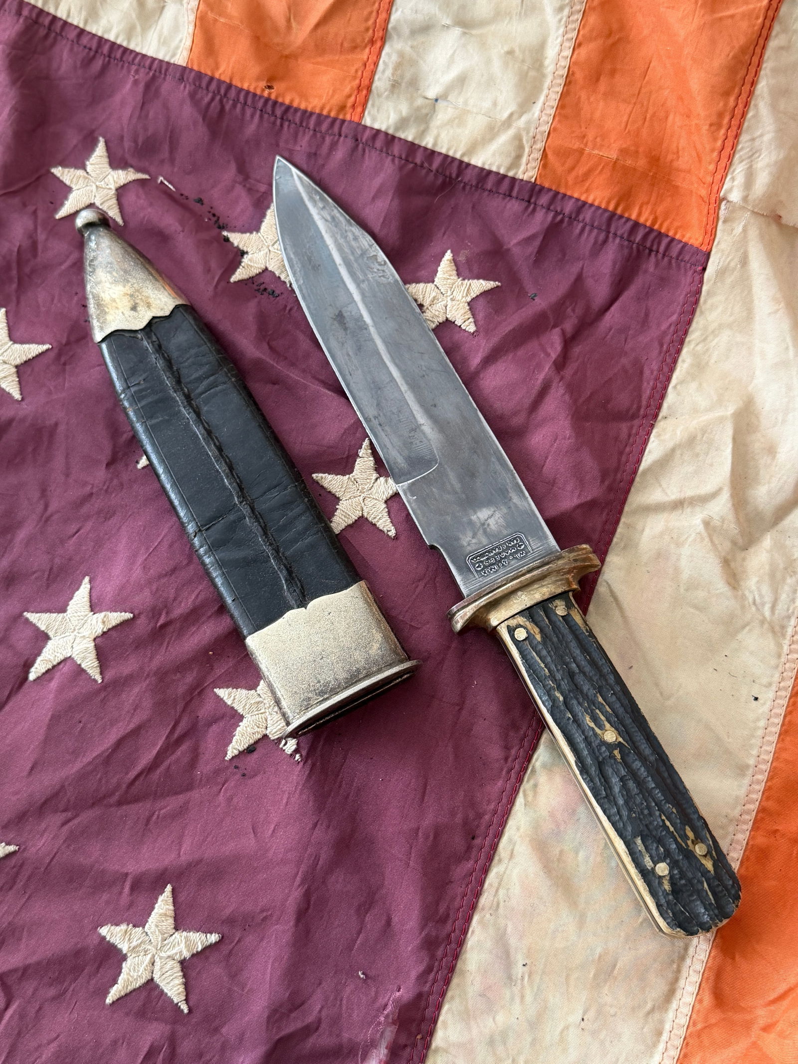 Will & Finck American Frontier Bowie Knife with Sheath, Western Expansion / Indian Wars Era, c.: This large fixed-blade Bowie knife dates to the mid-19th century and reflects the type of heavy fighting and utility knives carried on the American frontier during the era of westward expansion and th
