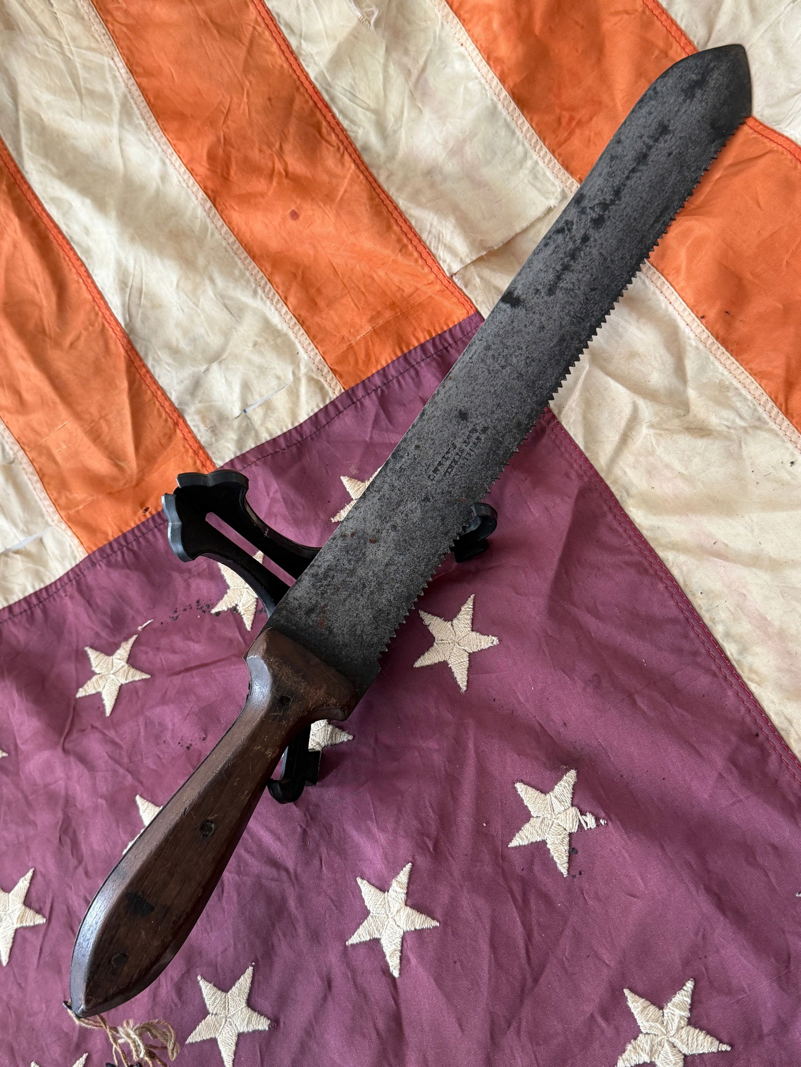 Confederate States Army Surgeon’s Amputation Saw, American Civil War, c. 1861–1865: This iron and steel surgeon’s amputation saw was used by Confederate medical personnel during the American Civil War. Designed for speed and efficiency, the long, straight blade features coarse hand