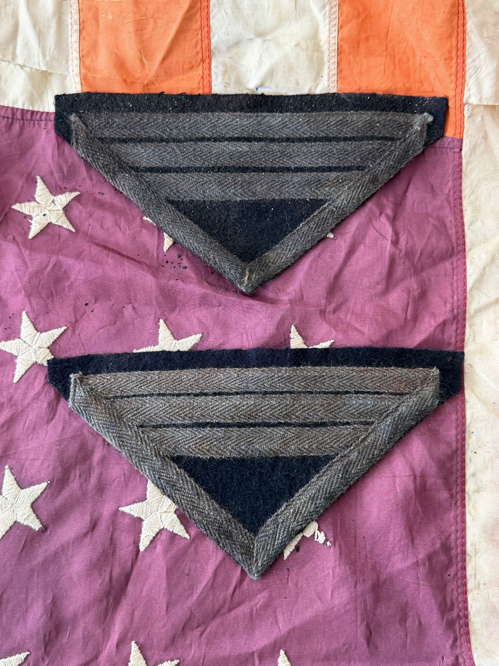 Civil War Union Noncommissioned Officer Chevron Insignia (Pair): This matched pair of wool chevrons represents the rank insignia worn by a Union Army noncommissioned officer during the American Civil War. Constructed of dark blue wool with contrasting lighter wool