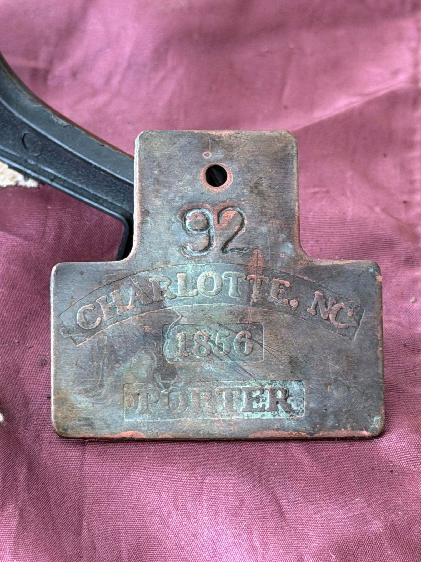 Slave Hire Identification Tag No. 92, Porter, Charlotte, North Carolina, 1856 (1 of 3)