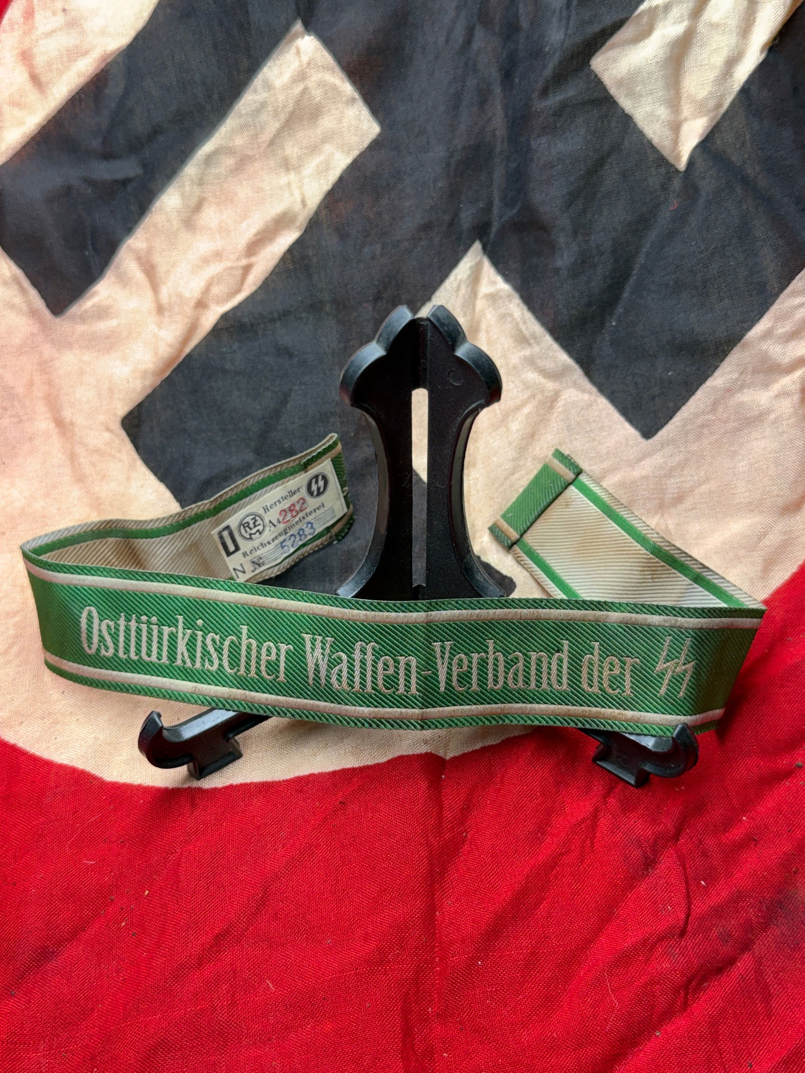 WW2 German Cuff Title of the Osttürkischer Waffen-Verband der SS: This embroidered cuff title (Ärmelstreifen) was worn on the lower sleeve of uniforms by members of the Osttürkischer Waffen-Verband der SS (“Eastern Turkic Waffen Association of the SS”), a