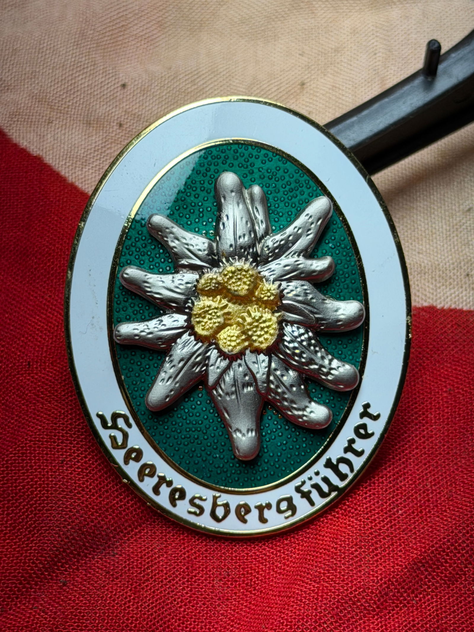 WW2 German Edelweiss Insignia of the German Mountain Troops (Gebirgsjäger): This oval metal badge features the stylized edelweiss flower, a long-standing Alpine symbol adopted by the German Gebirgsjäger (mountain troops). Worn on the cap or uniform, the edelweiss signified s