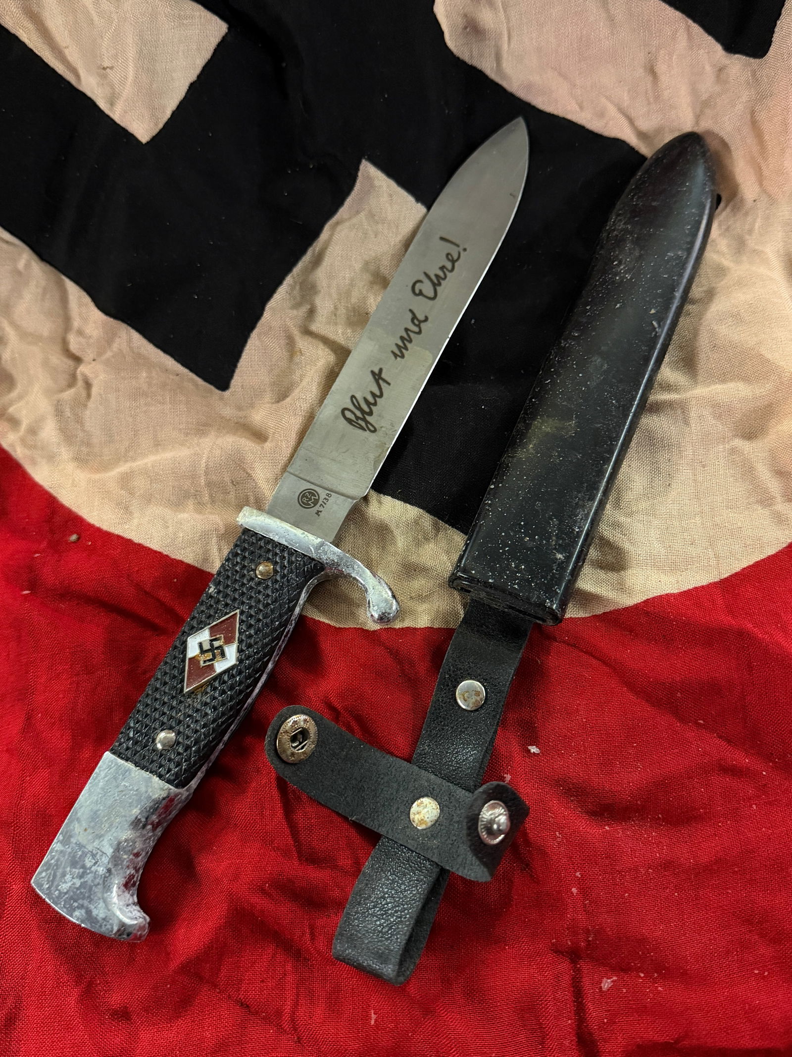 WW2 German Ceremonial Youth Knife, Hitler Youth Organization Marked Blut und Ehre!: This ceremonial knife was issued to members of the Hitler Youth (Hitlerjugend), the state-sponsored youth organization of Nazi Germany. Modeled after traditional German hunting and utility knives, the