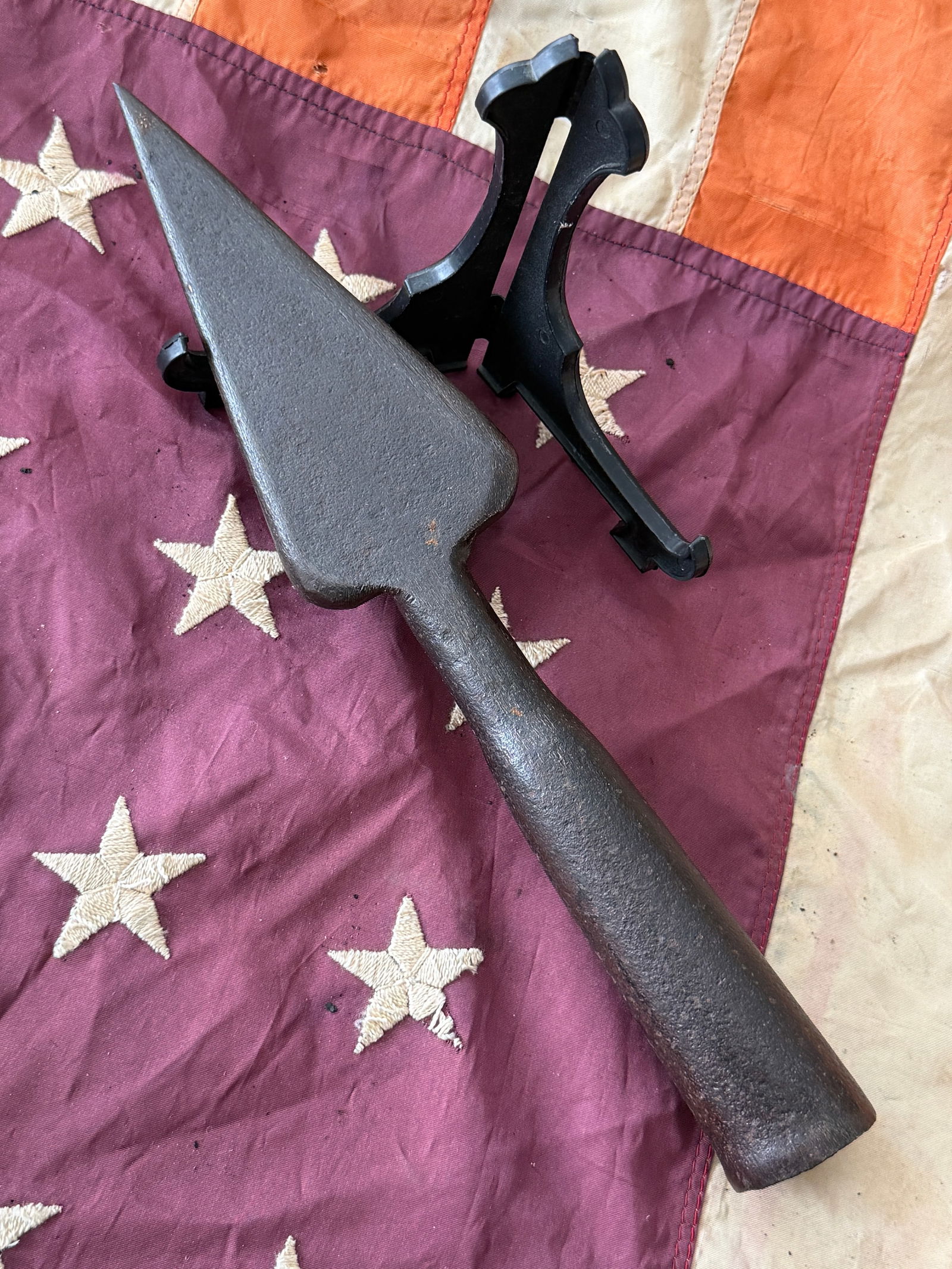 Revolutionary War Naval Boarding Pike Head Hand Forged: This iron boarding pike head dates to the American Revolutionary War (circa 1775–1783) and represents a close-combat weapon used in naval warfare. Boarding pikes were essential arms aboard Continent