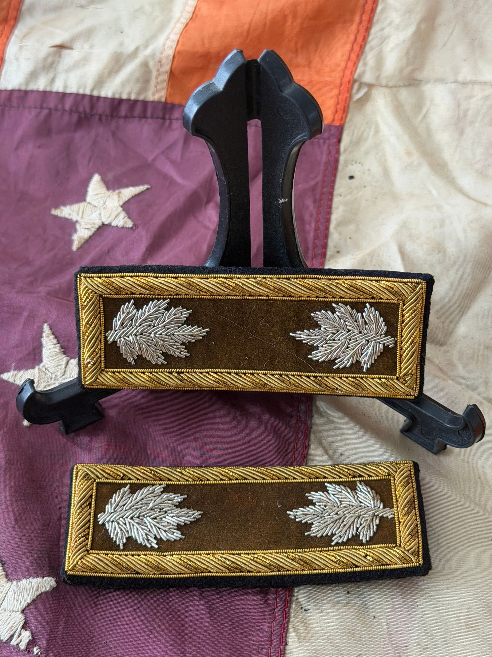 Pair of Civil War–Era U.S. Army Ordnance Department Major’s Shoulder Boards: This matched pair of shoulder boards dates to the American Civil War period and denotes the rank of Major in the U.S. Army Ordnance Department. Constructed on a dark wool base, each board is bordered