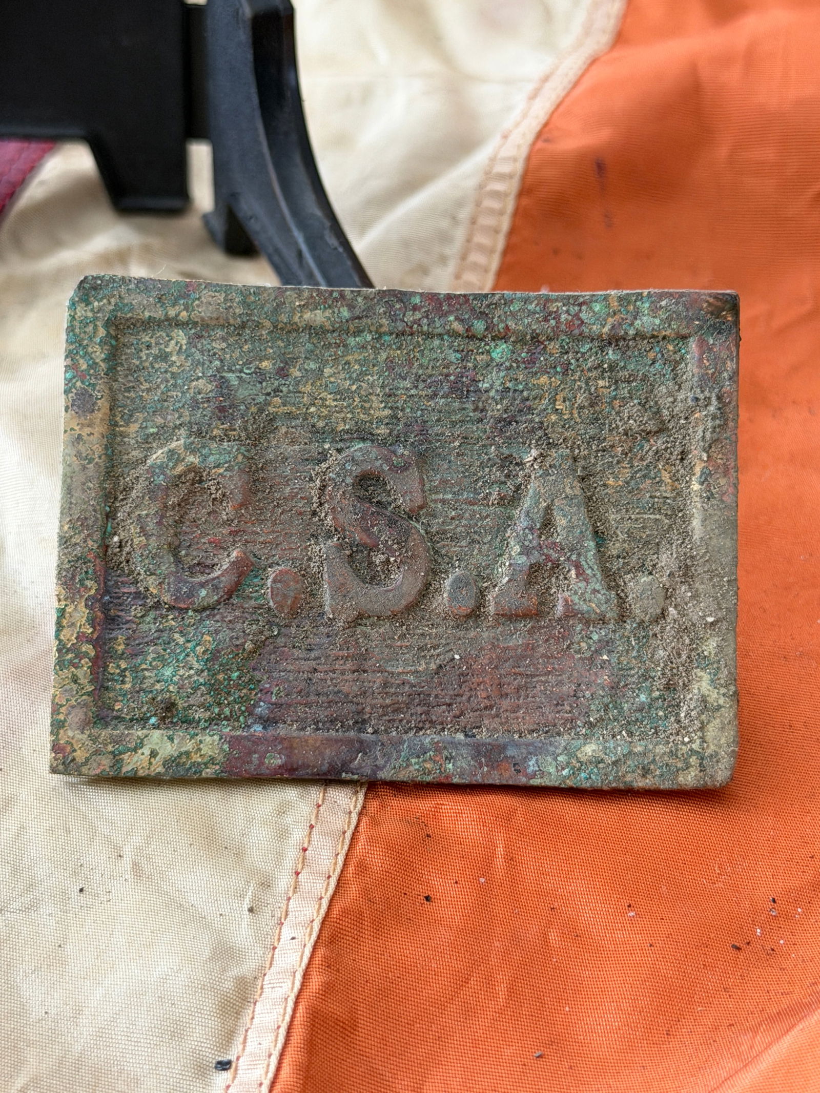 Civil War Confederate “C.S.A.?? Rectangular Belt Plate — Sessionville, South Carolina: Confederate States of America (C.S.A.) rectangular belt plate dates to the American Civil War (1861–1865) and was recovered from Sessionville, South Carolina, a site of significant military activity