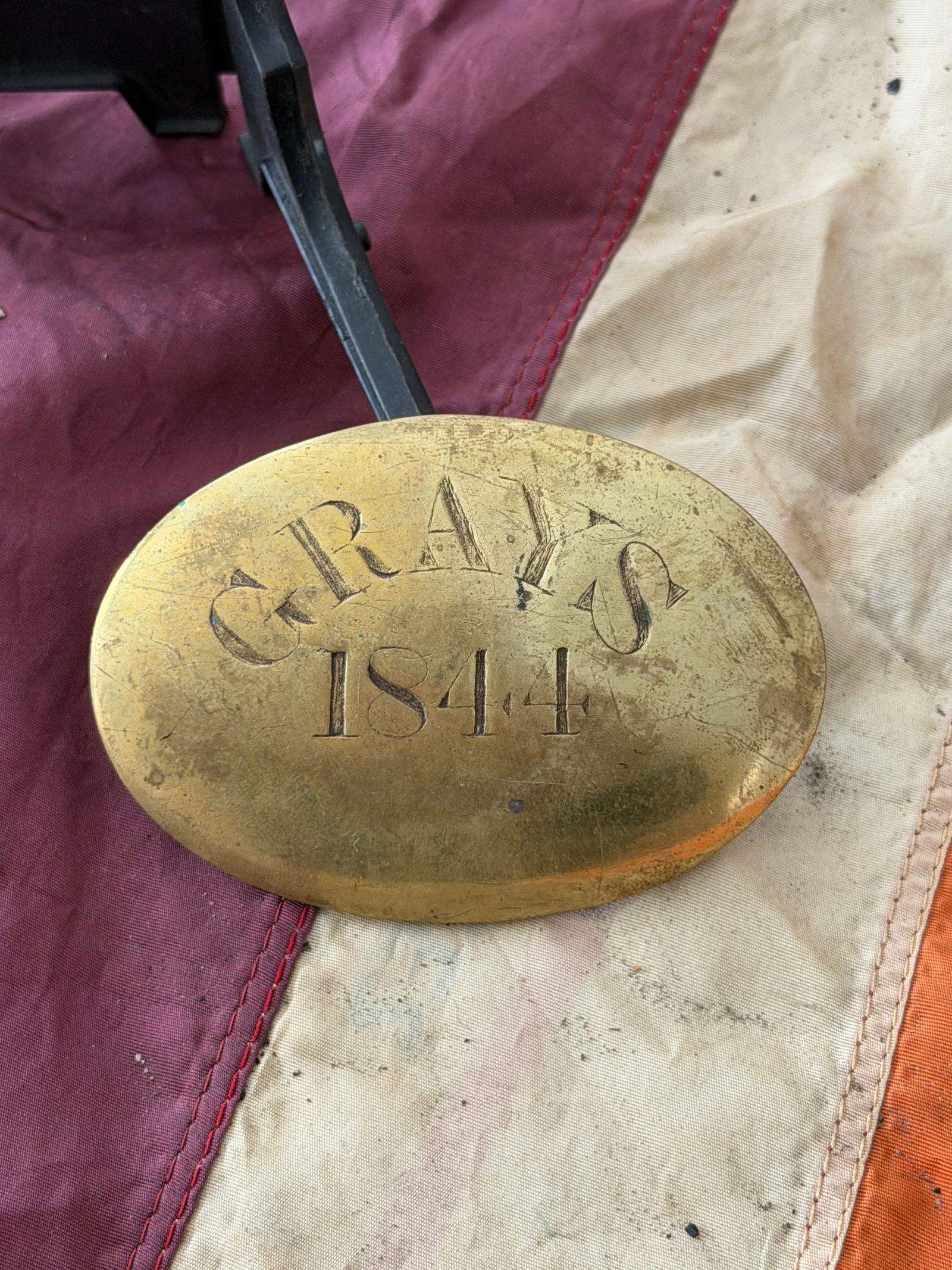1844 Washington Grays Civil War Era Oval Belt Plate Buckle: This oval brass belt plate is attributed to the Washington Grays, a well-known American militia organization active in the antebellum period and into the Civil War era. The plate is engraved “GRAYS