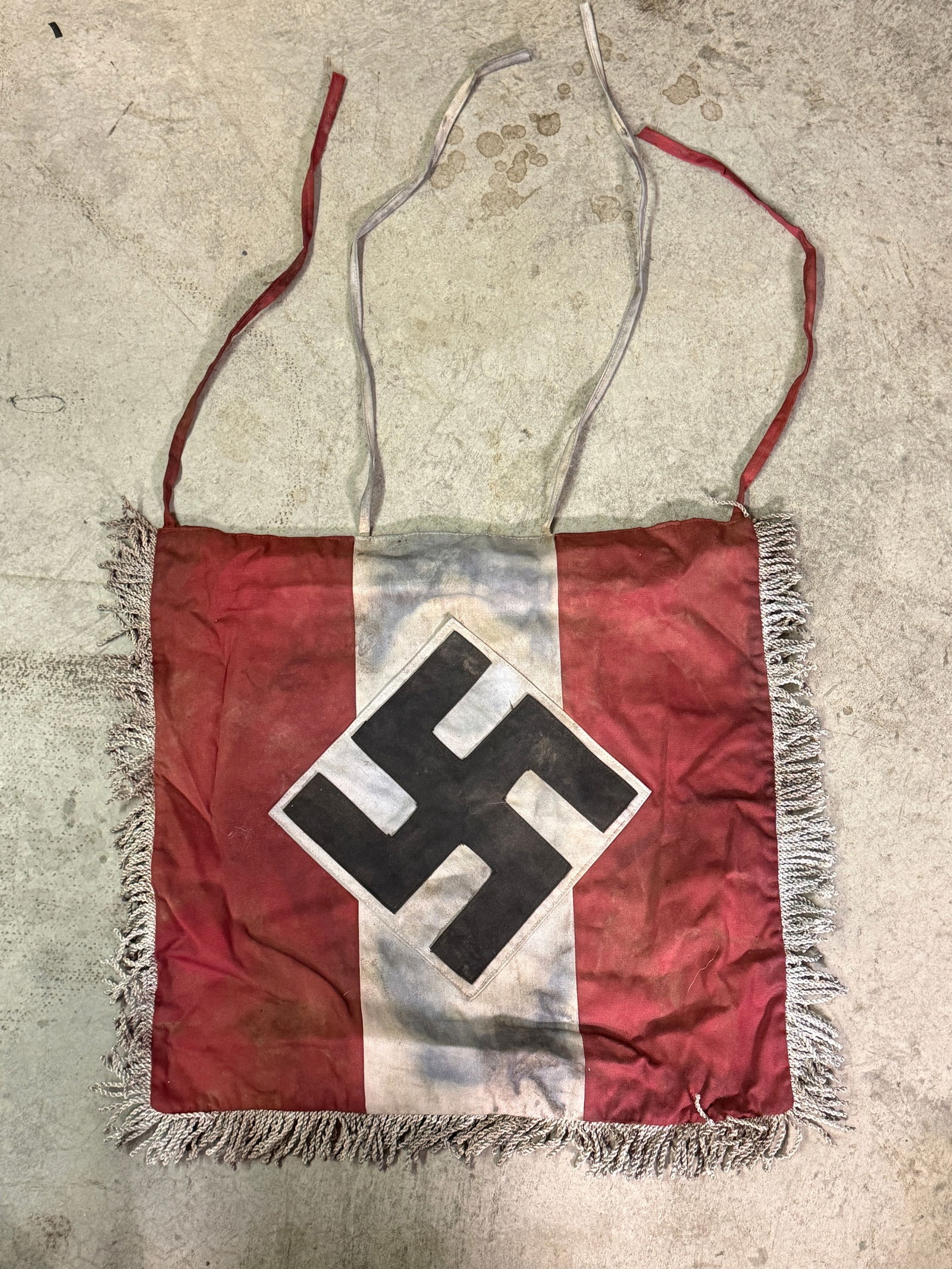 WW2 GERMAN HITLER YOUTH MEMBERS TRUMPET FLAG BANNER: WW2 GERMAN HITLER YOUTH MEMBERS TRUMPET FLAG BANNER . This textile flag bears the emblem of the National Socialist German Workers’ Party (NSDAP), consisting of a black swastika within a white disc s