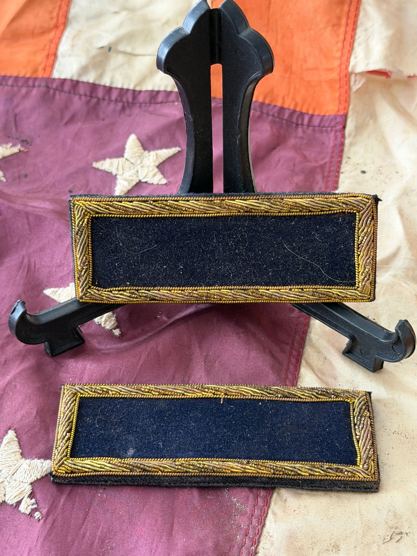 Union Officer Shoulder Straps, American Civil War: This matched pair of Union Army officer shoulder straps dates to the American Civil War (1861–1865). Constructed of dark blue wool field bordered with gilt bullion embroidery, these straps were worn