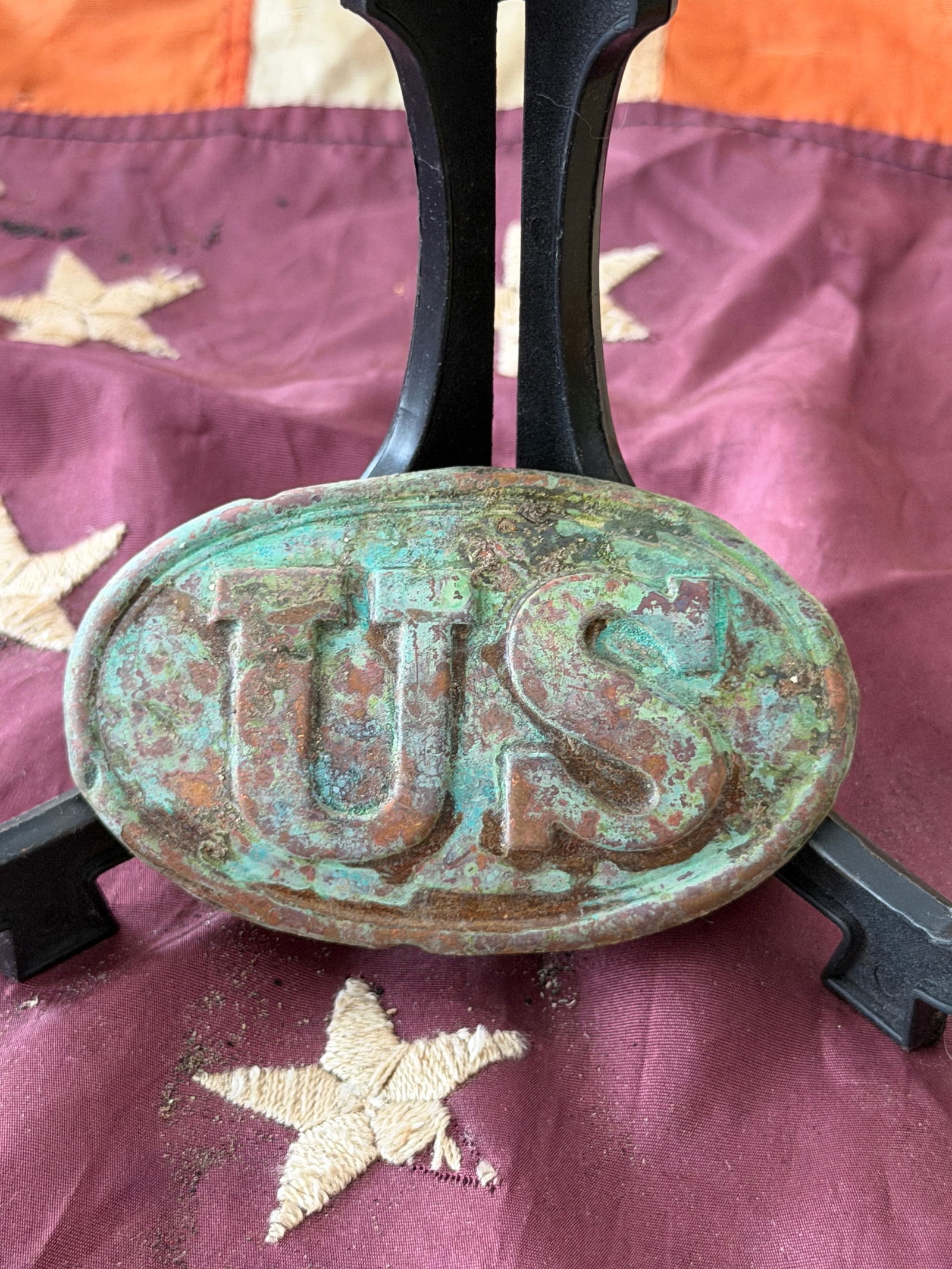 Civil War Union “US?? Cartridge Box Plate from Cold Harbor, Virginia: This oval brass Union U.S. cartridge box plate, dating to the American Civil War (1861–1865), was recovered from Cold Harbor, Virginia, a key battlefield of the 1864 Overland Campaign. Cartridge box