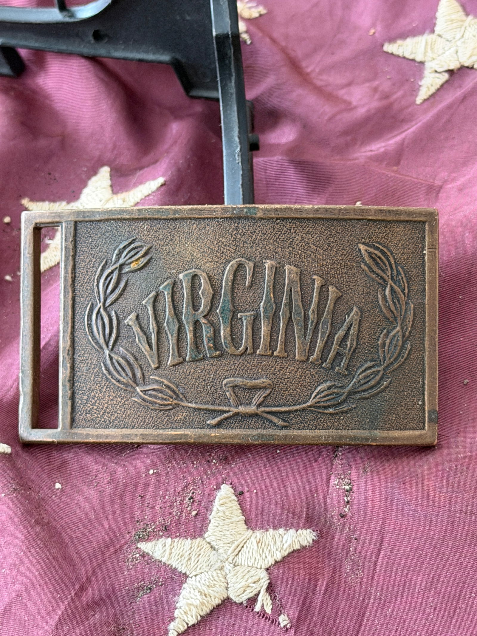 Civil War Virginia State Belt Plate, Confederate States of America By Greenwood & Gray: This rectangular brass belt plate bears the raised inscription “VIRGINIA” encircled by a laurel wreath, a powerful symbol of honor and military service. Such plates were worn by soldiers of th