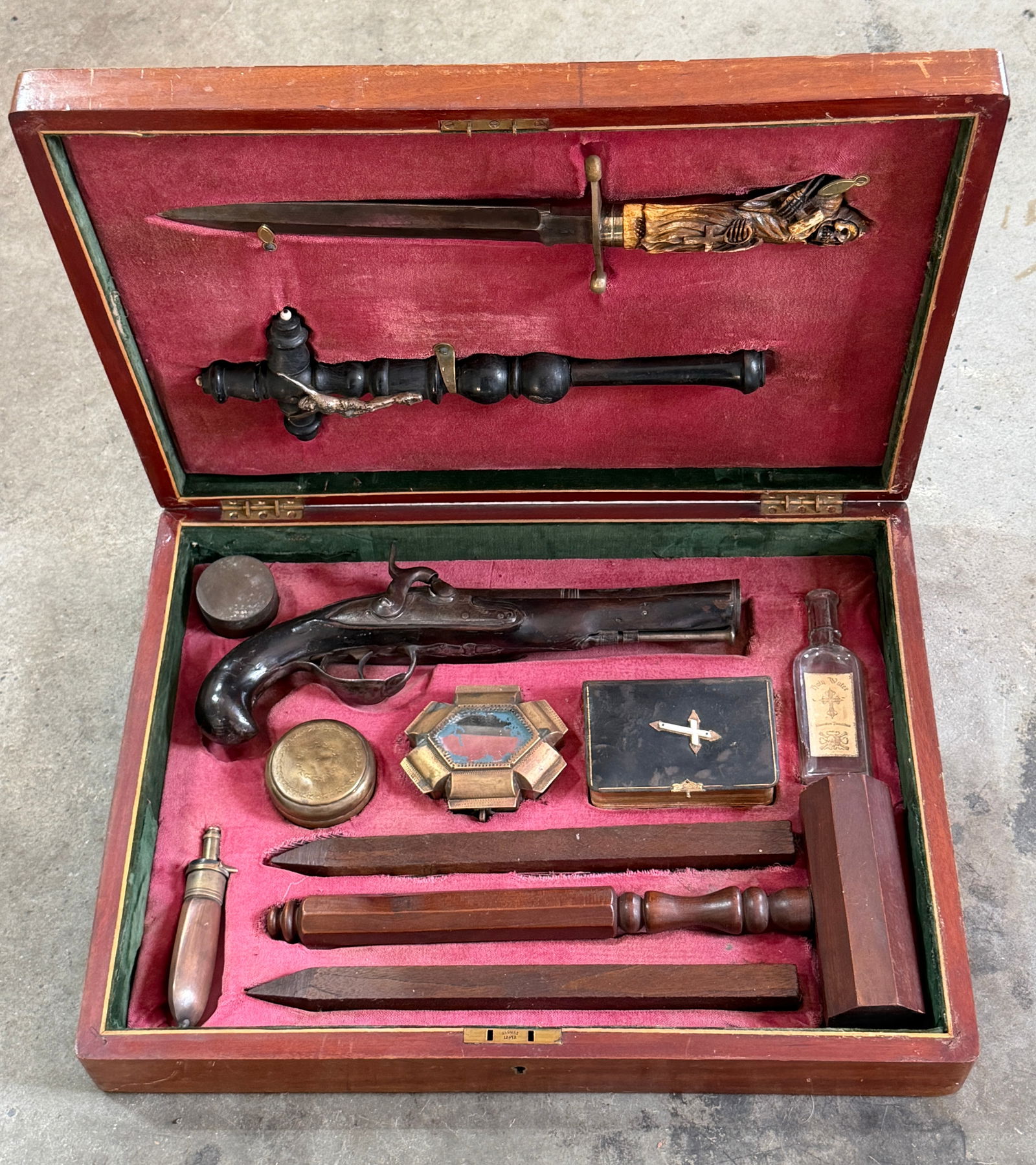Early 19th C. 1800's Vampire Slaying Kit Apotropaic Weaponry and Folk Belief, c. 1800–1835: This rare and visually arresting Vampire Slaying Kit is a complete early 19th-century ensemble assembled in response to widespread European and transatlantic fears of the undead. Far from theatrical f
