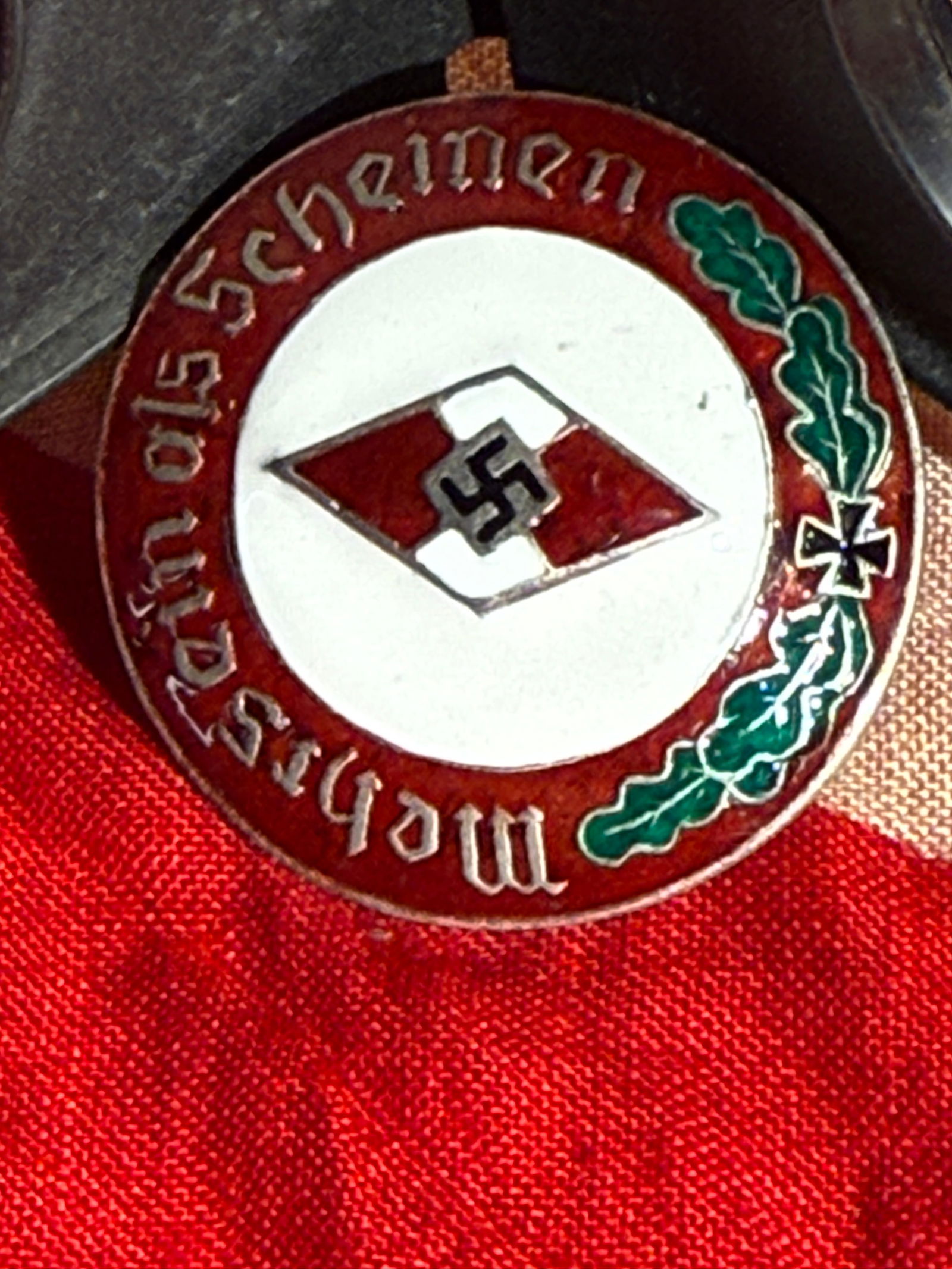 WW2 German Hitler Youth Membership Badge (HJ Mitgliederabzeichen), Nazi Germany, 1930s–1945 By RZM: RZM SS maker marked Enamel membership badge of the Hitler Youth (Hitlerjugend), the official youth organization of Nazi Germany. The design features the red-and-white diamond with a central swastika,