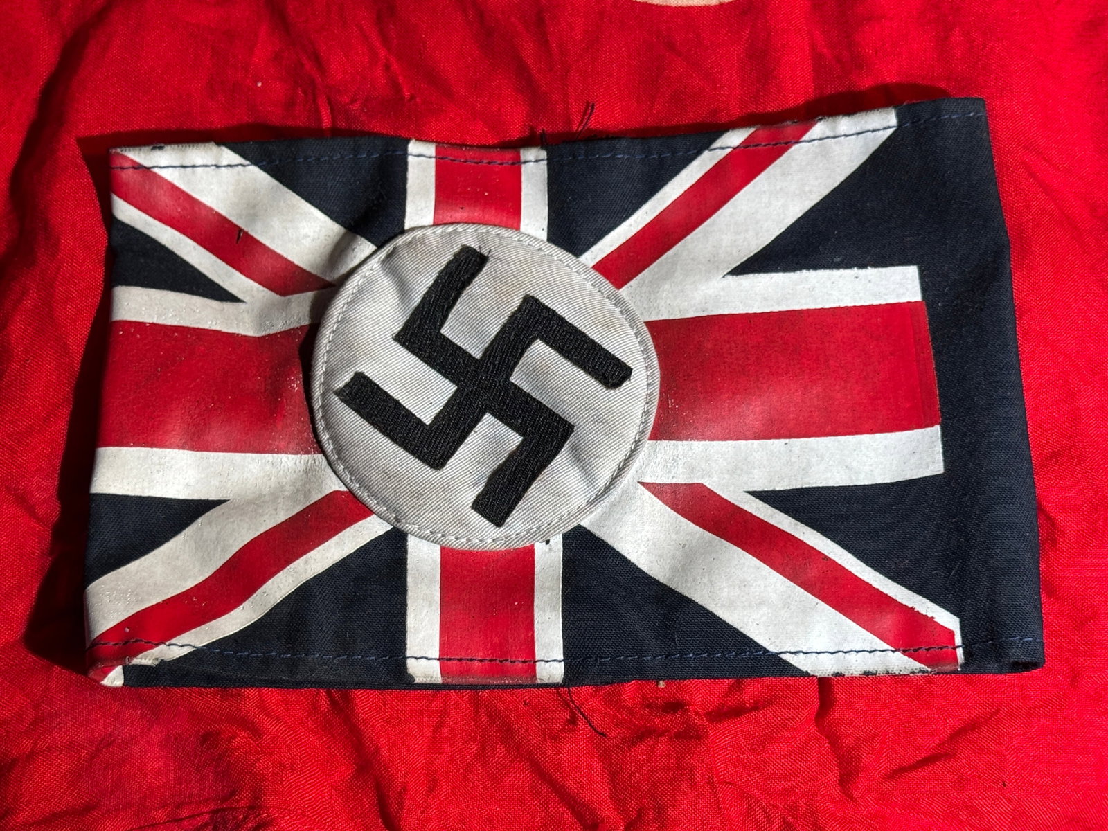 WWII German British Free Corps (Britisches Freikorps) Armband: Rare World War II German propaganda armband associated with the British Free Corps (Britisches Freikorps), a small unit formed by Nazi Germany within the Waffen-SS composed of British prisoners of war