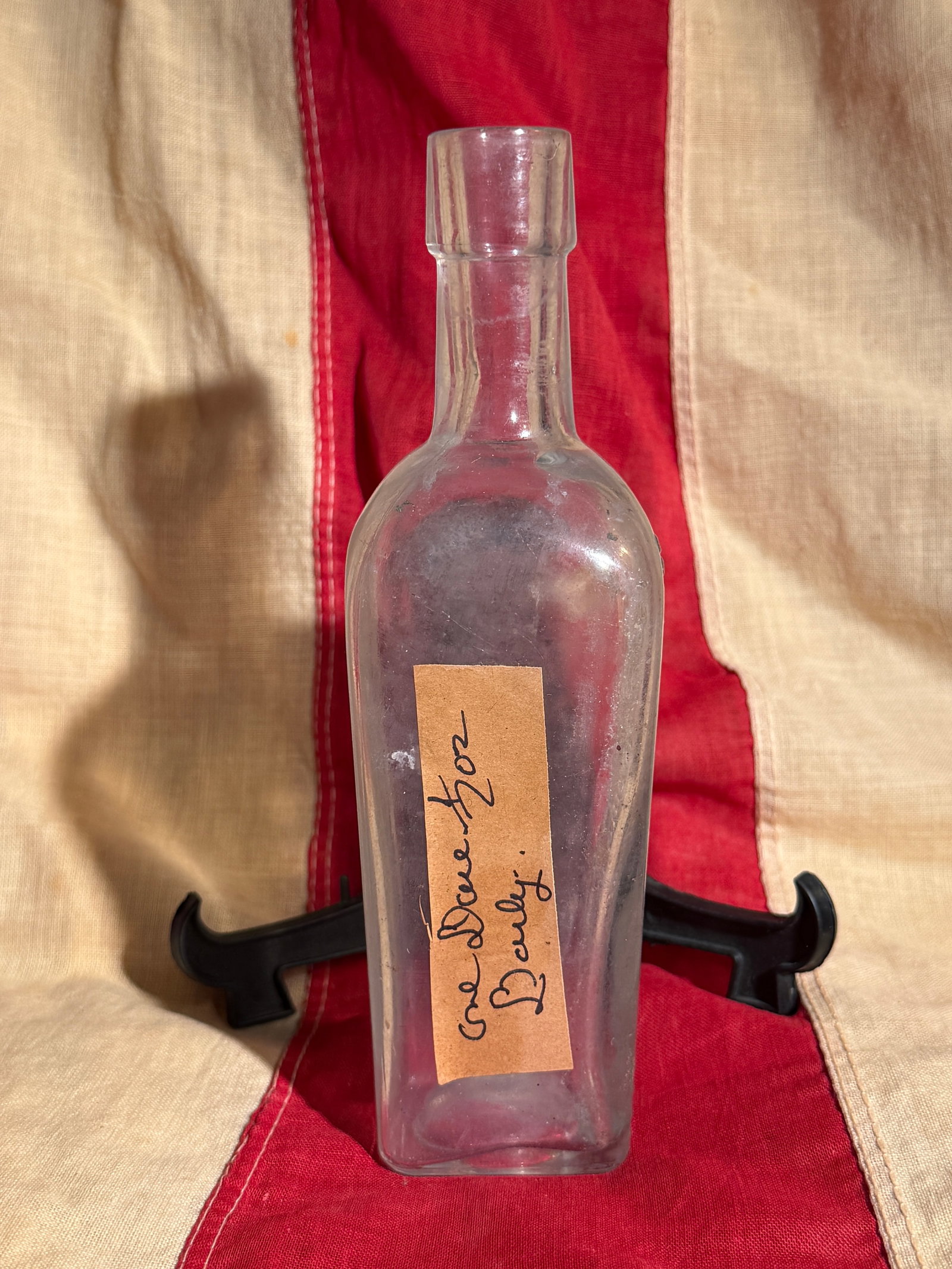Civil War Hirschauer Stomach Bitters Bottle, Invented 1864 by Josef Loewenthal: This clear glass medicinal bottle once contained Hirschauer Stomach Bitters, a 19th-century patent medicine advertised as a digestive tonic. The bottle features embossed lettering reading “Hirschaue