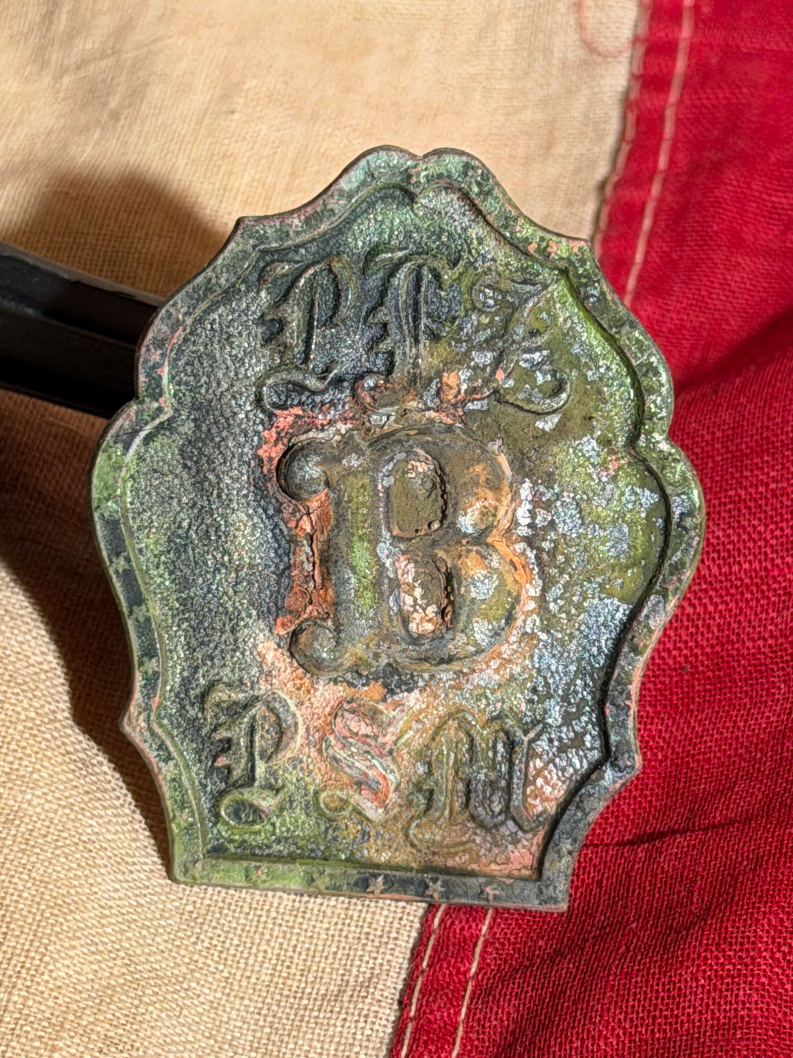 Civil War Pennsylvania Fire Zouaves Headgear Badge: Cast brass railroad police badge bearing the initials “P.R.R.” (Pennsylvania Railroad) above a large central “B”, with “P.S.M.” below. Civil War Pennsylvania Fire Zouaves Headg