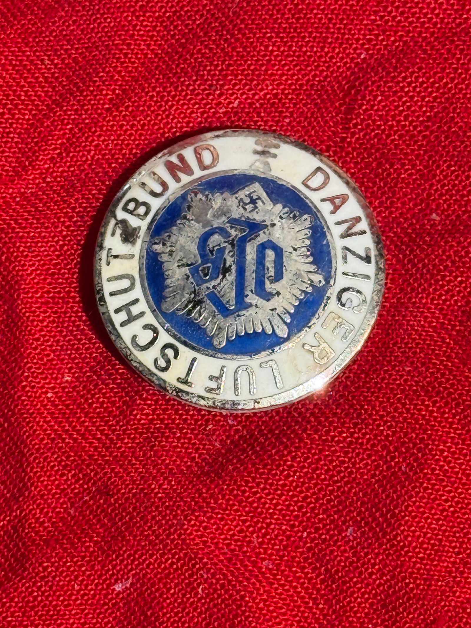 WW2 German Danziger Luftschutzbund Membership Badge, Free City of Danzig / Nazi Germany, c.: Enamel membership badge of the Danziger Luftschutzbund (Danzig Air Raid Protection League), a civil defense organization responsible for promoting public preparedness against aerial attack during the