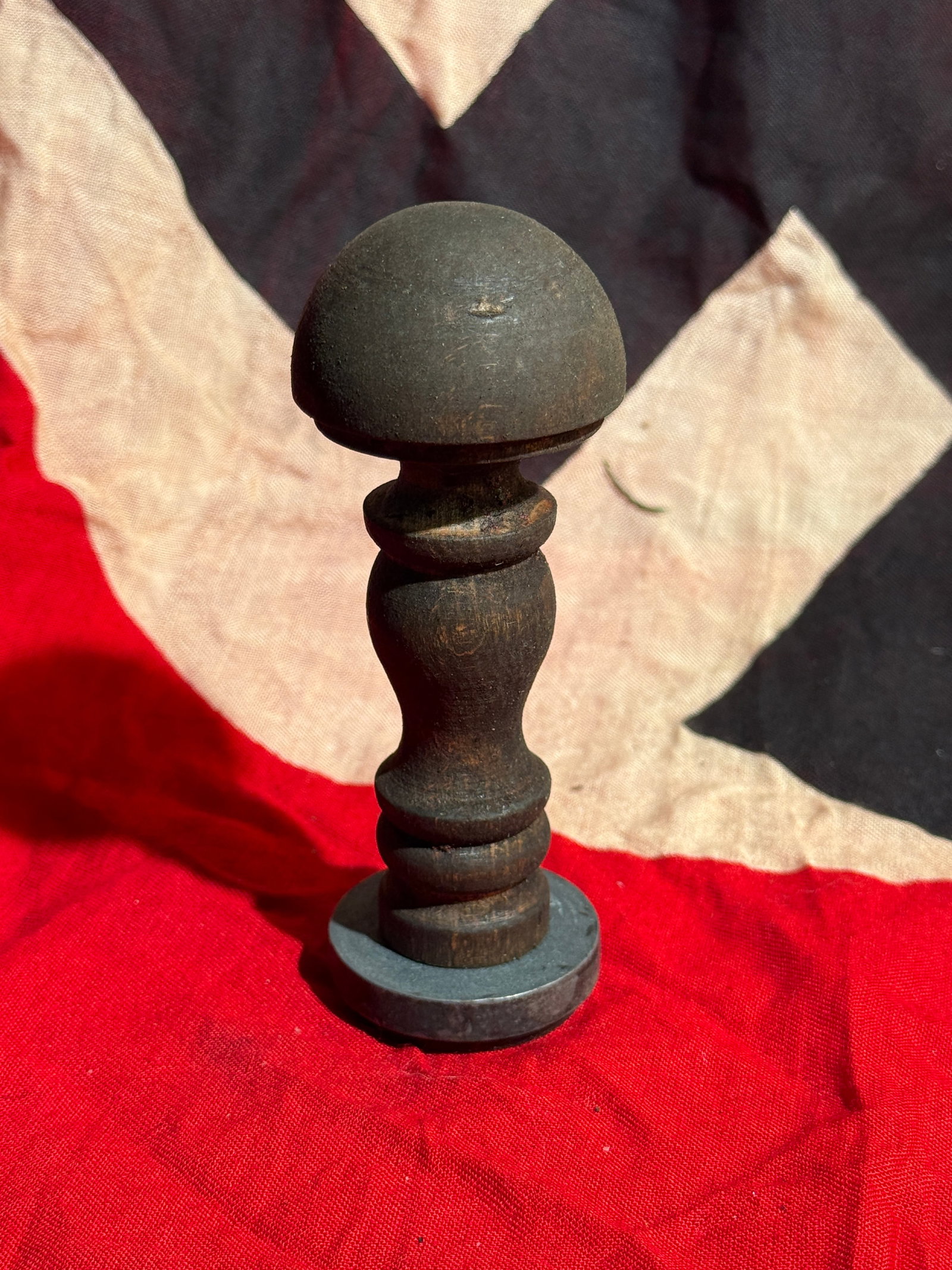 WW2 German Waffen SS Officer Hand Desk Stamp: Handheld desk seal stamp bearing the Reichsadler (national eagle) clutching a swastika within an oak wreath, a symbol widely used by governmental and party organizations in Nazi Germany during the Thi