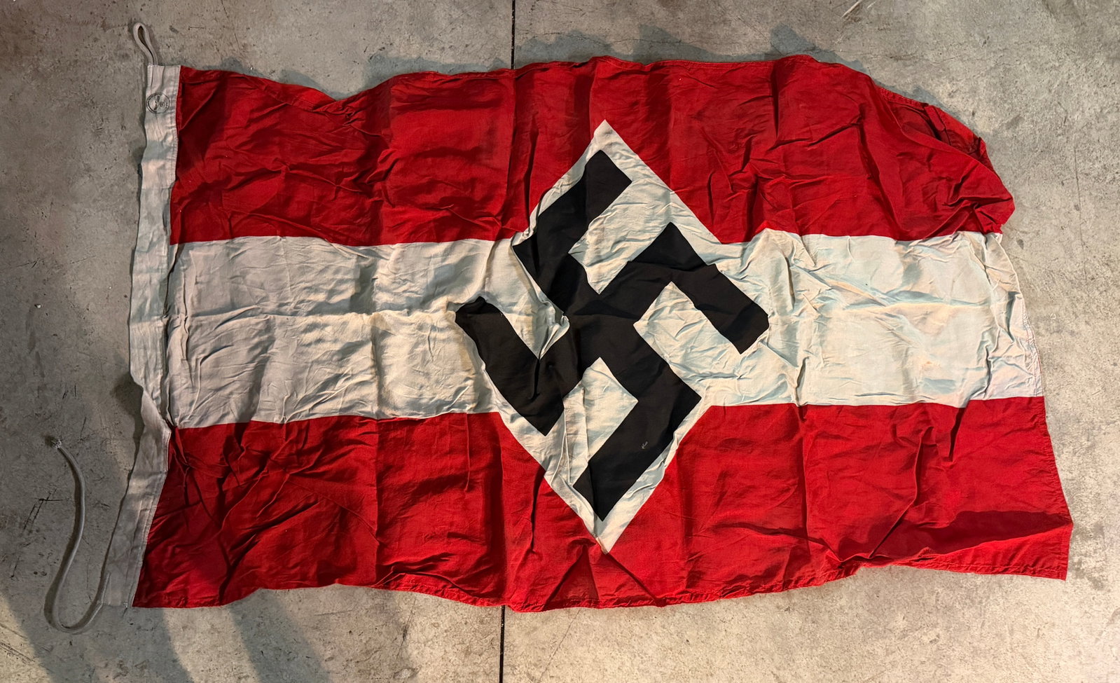 Rare WW2 German Hitler Youth Large Double Sided Flag With Inspection Stamp: Rare WW2 German Hitler Youth Large Double Sided Flag With Inspection Stamp. This textile banner bearing the swastika emblem of Nazi Germany dates to the period of the Third Reich (1933–1945). The fl