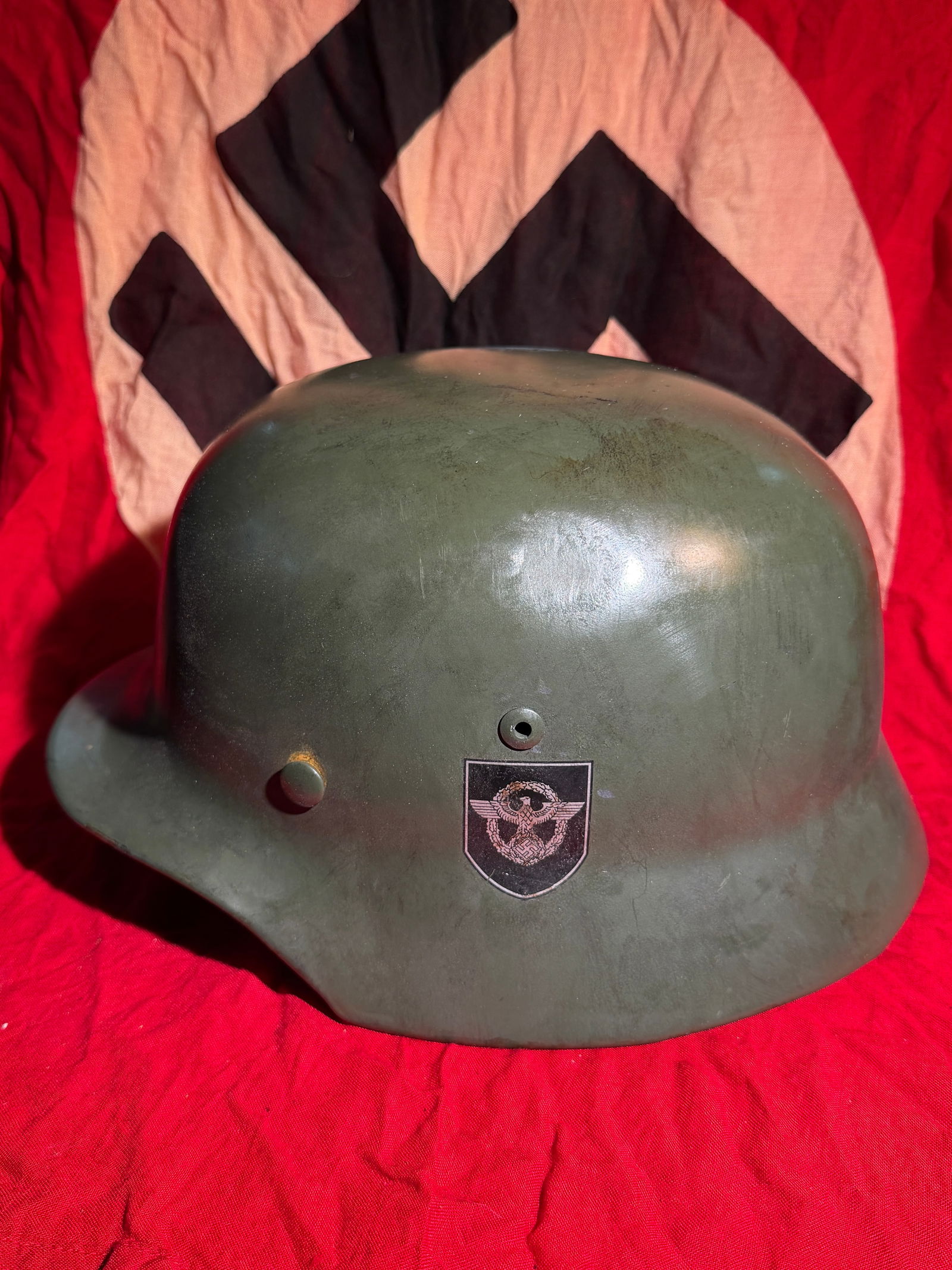 WW2 German M35 Steel Combat Helmet (Stahlhelm) with Police Decal, Nazi Germany, c. 1935–1945 (1 of 7)