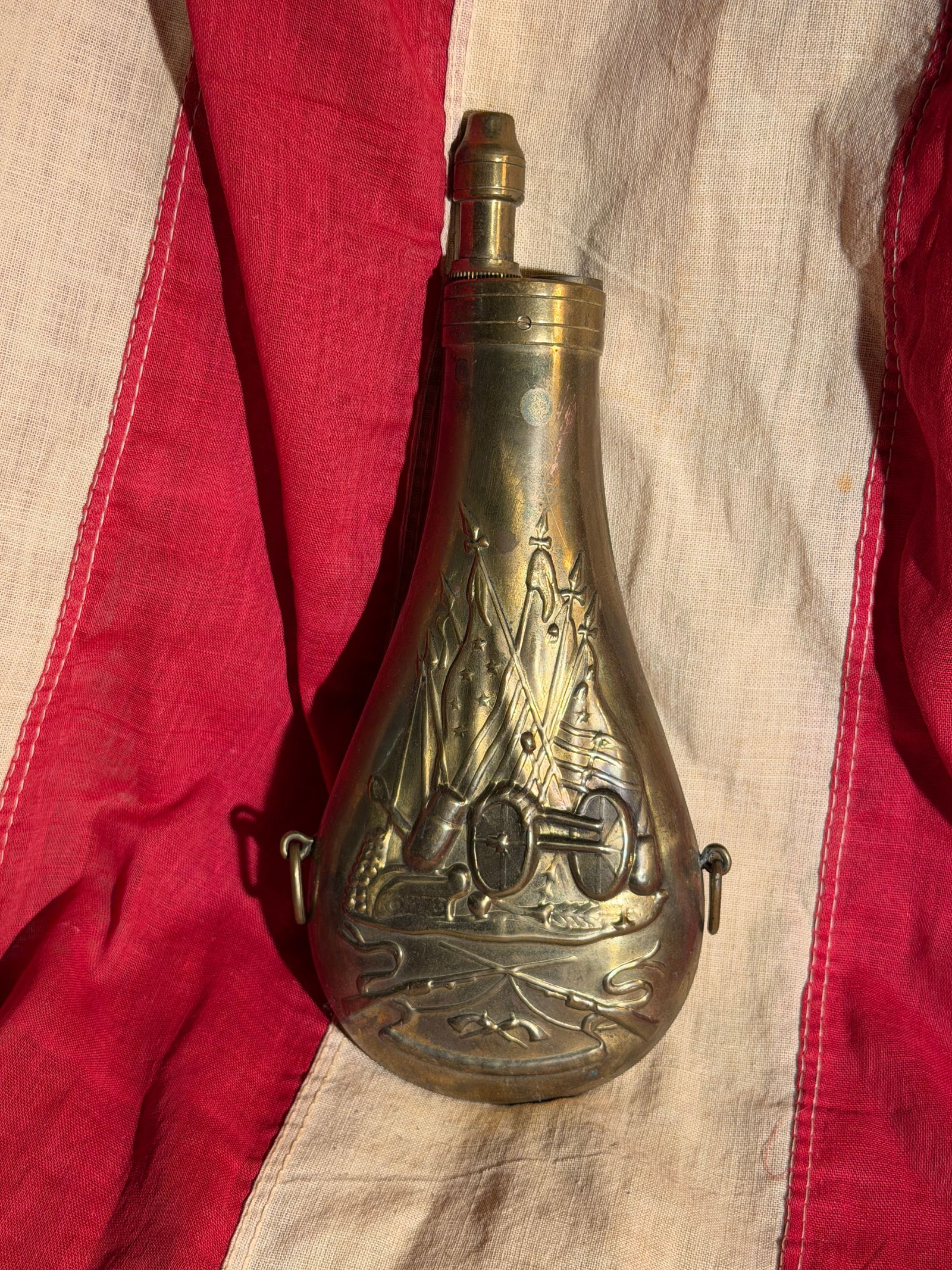 Civil War Embossed Brass Gunpowder Flask with American Military Motif, Mid-19th Century (1 of 6)
