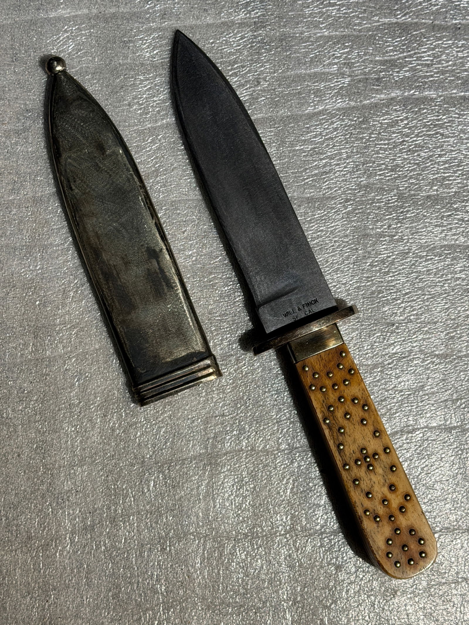 1800's Will & Finck San Francisco Bowie Knife w/ Studded Bone Handle & Metal Sheath (1 of 7)