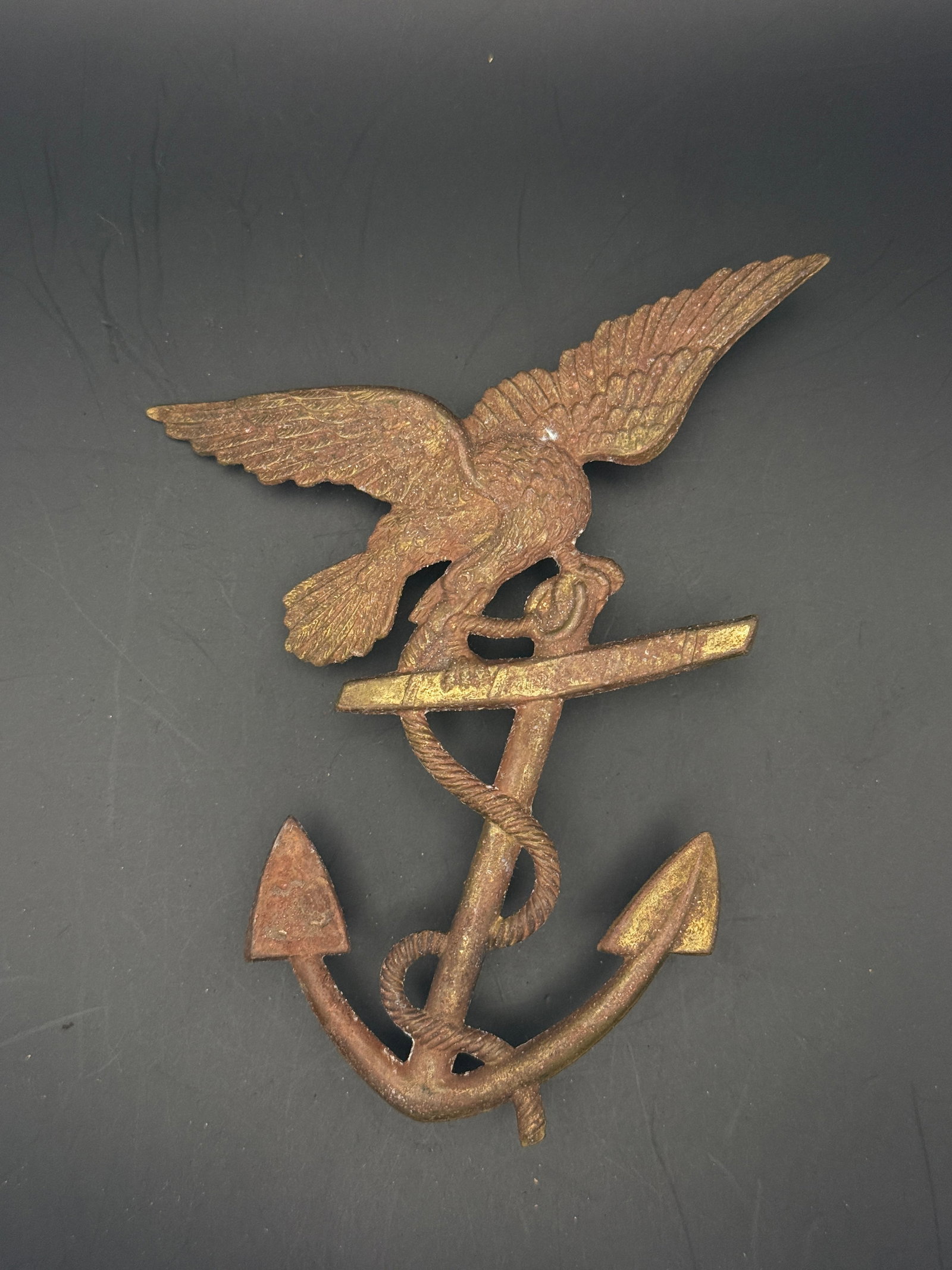 Rare Civil War Naval Medical Corps Emblem / Anchor, Caduceus, and Eagle Device: This cast metal insignia combines three symbolic elements: an anchor representing naval service, a staff entwined by a serpent associated with medical practice, and an eagle symbolizing US Naval/Marin