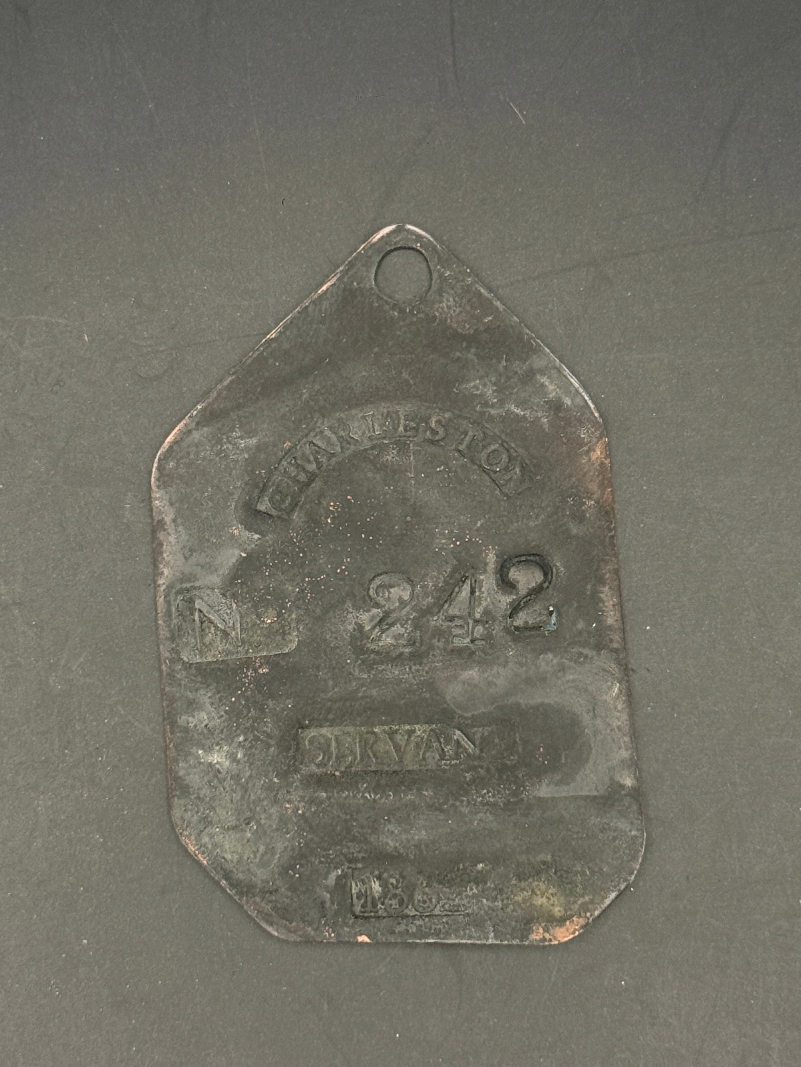 Servant Identification Tag No. 242, Charleston, 1852 Slave Tag: This shield-shaped metal tag is styled after a servant registration badge associated with Charleston, where free and enslaved Black laborers in the 18th and 19th centuries were required to wear number