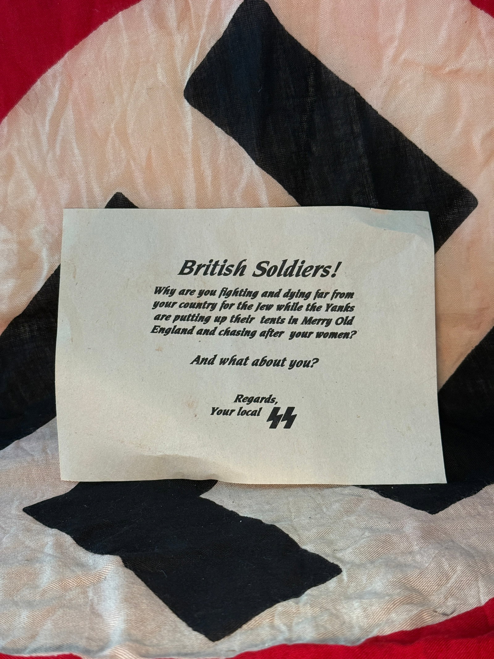 WW2 German SS Propaganda Leaflet Directed at British Soldiers: This printed leaflet is an example of German psychological warfare propaganda produced during the Second World War. Addressed to “British Soldiers,” the leaflet attempts to undermine Allied mo