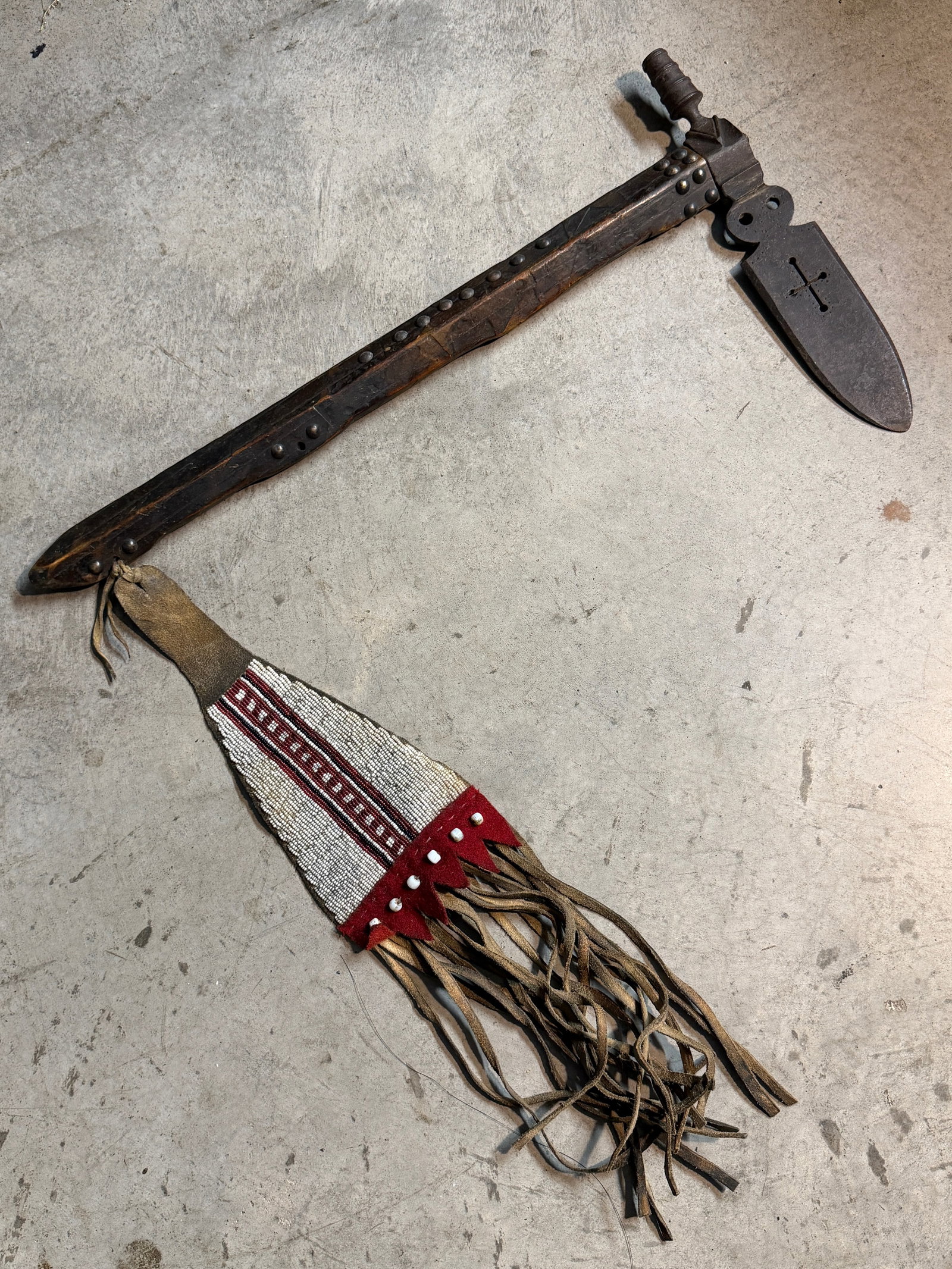 1800's Native American Plains Sioux Pipe Tomahawk with Beaded Drop and Studded Haft (1 of 9)