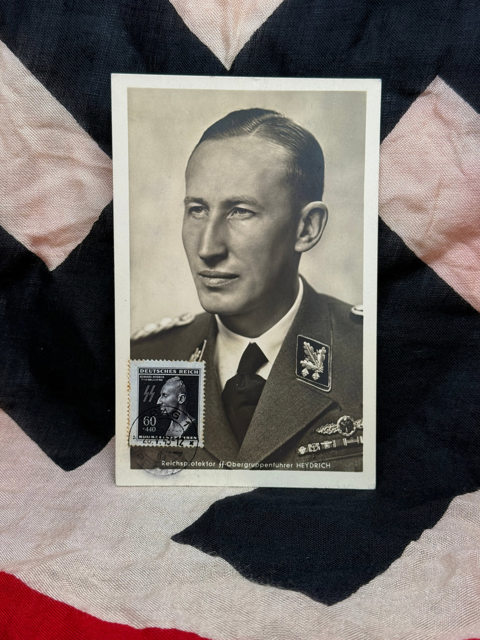 WWII German Reinhard Heydrich Memorial Postcard with Commemorative Stamp (1 of 3)