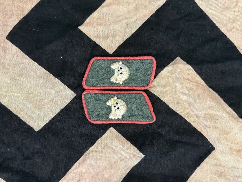 World War II German Paramilitary or SS-Style Collar Tabs: This pair of collar tabs features a dark field with colored piping and applied metallic insignia, indicative of paramilitary or political uniform elements used in Nazi Germany. While not consistent wi