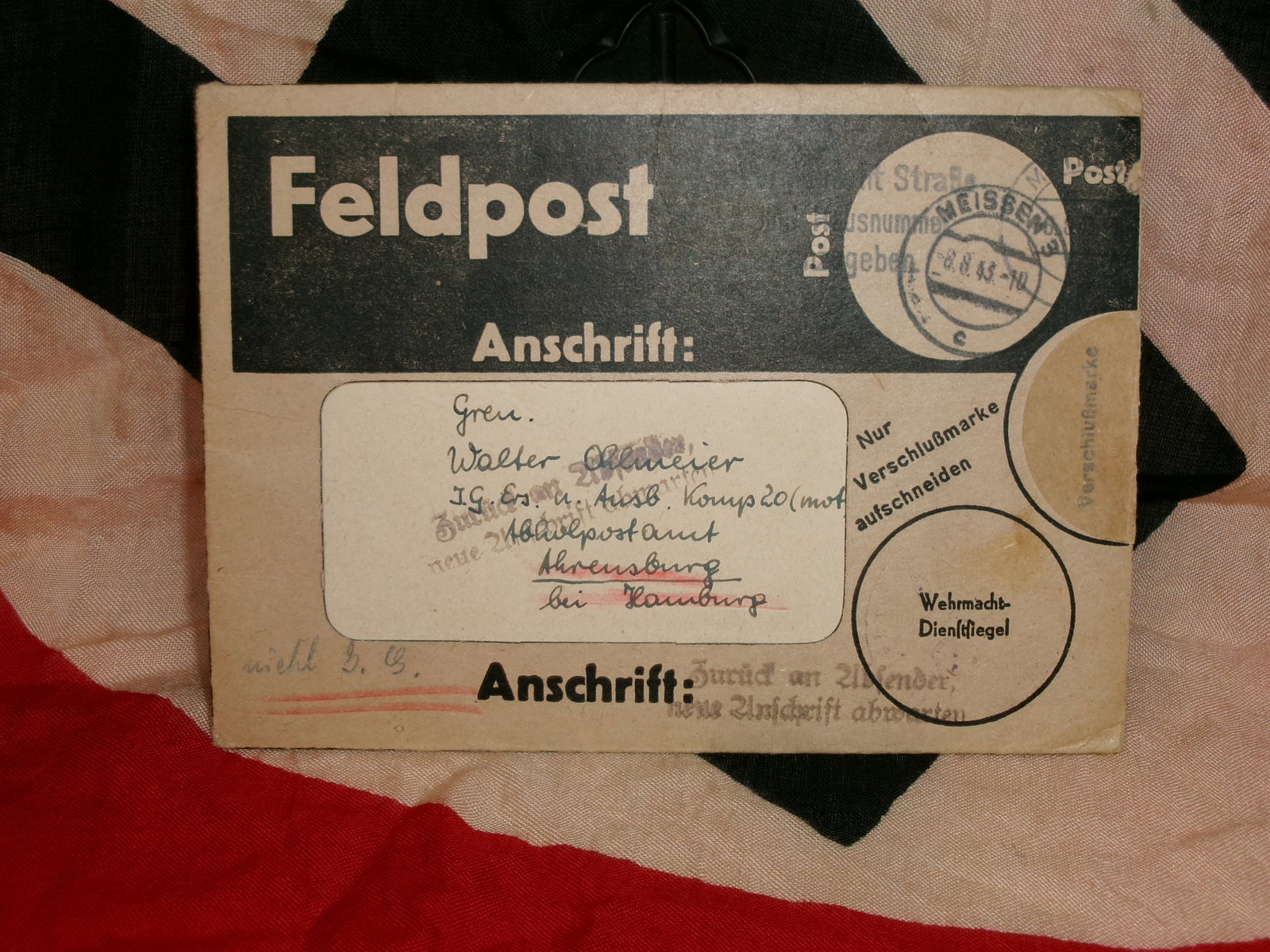 WWII German Feldpost Letter Envelope (Military Mail System): A printed Feldpost envelope used within the German military postal system during World War II. Featuring designated spaces for sender and recipient information, as well as postal markings, it enabled 
