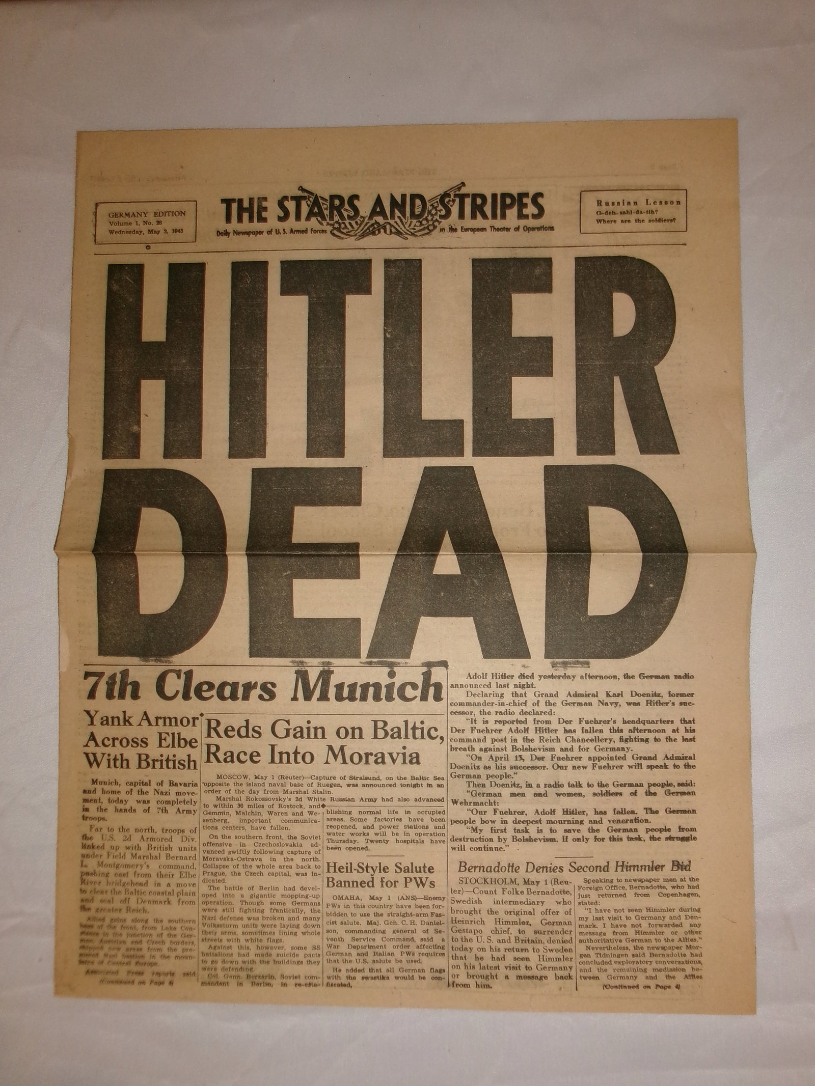 WWII “Stars and Stripes?? Newspaper Announcing Hitler’s Death, May 2, 1945: This complete issue of The Stars and Stripes, the daily newspaper of U.S. Armed Forces, prominently announces “HITLER DEAD” in large headline text. Dated May 2, 1945 (European Theater edition)