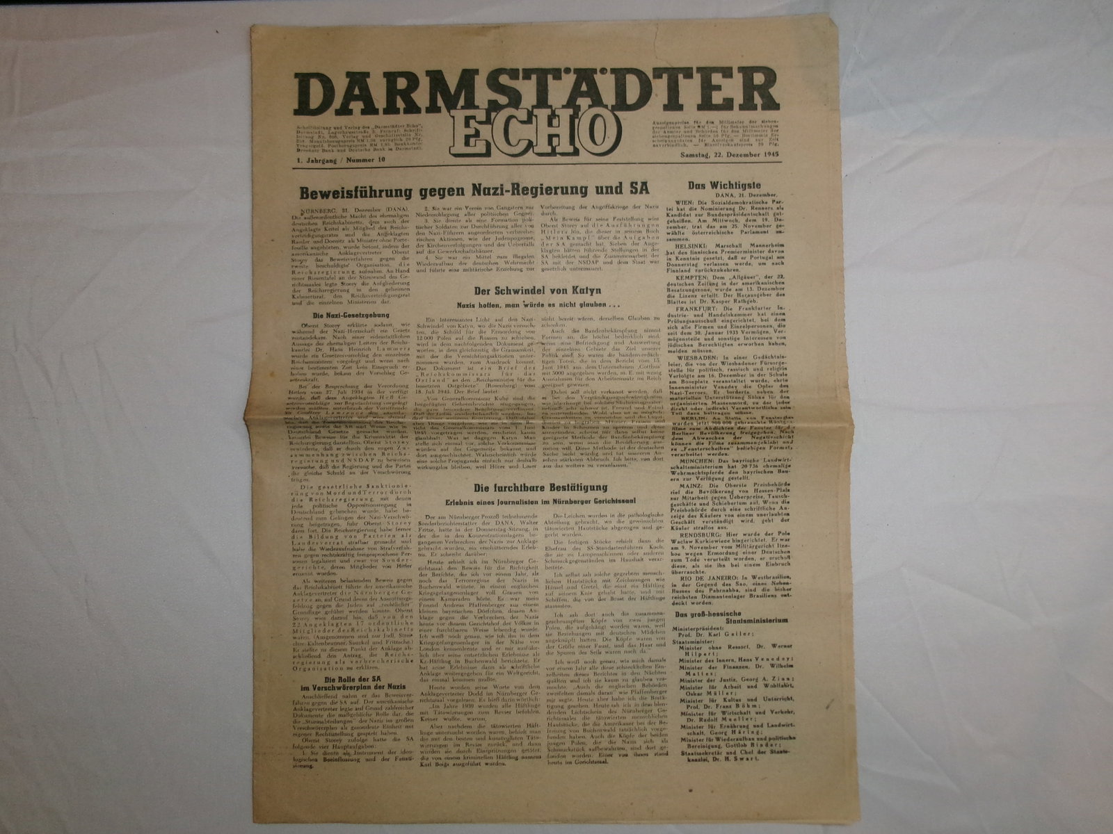 WWII German Darmstadt Newspaper Expanded Edition (Postwar Reconstruction Coverage): This expanded multi-page edition of the Darmstädter Echo provides deeper coverage of conditions in Germany immediately after WWII. Articles discuss industry, trade, agriculture, and the challenges of