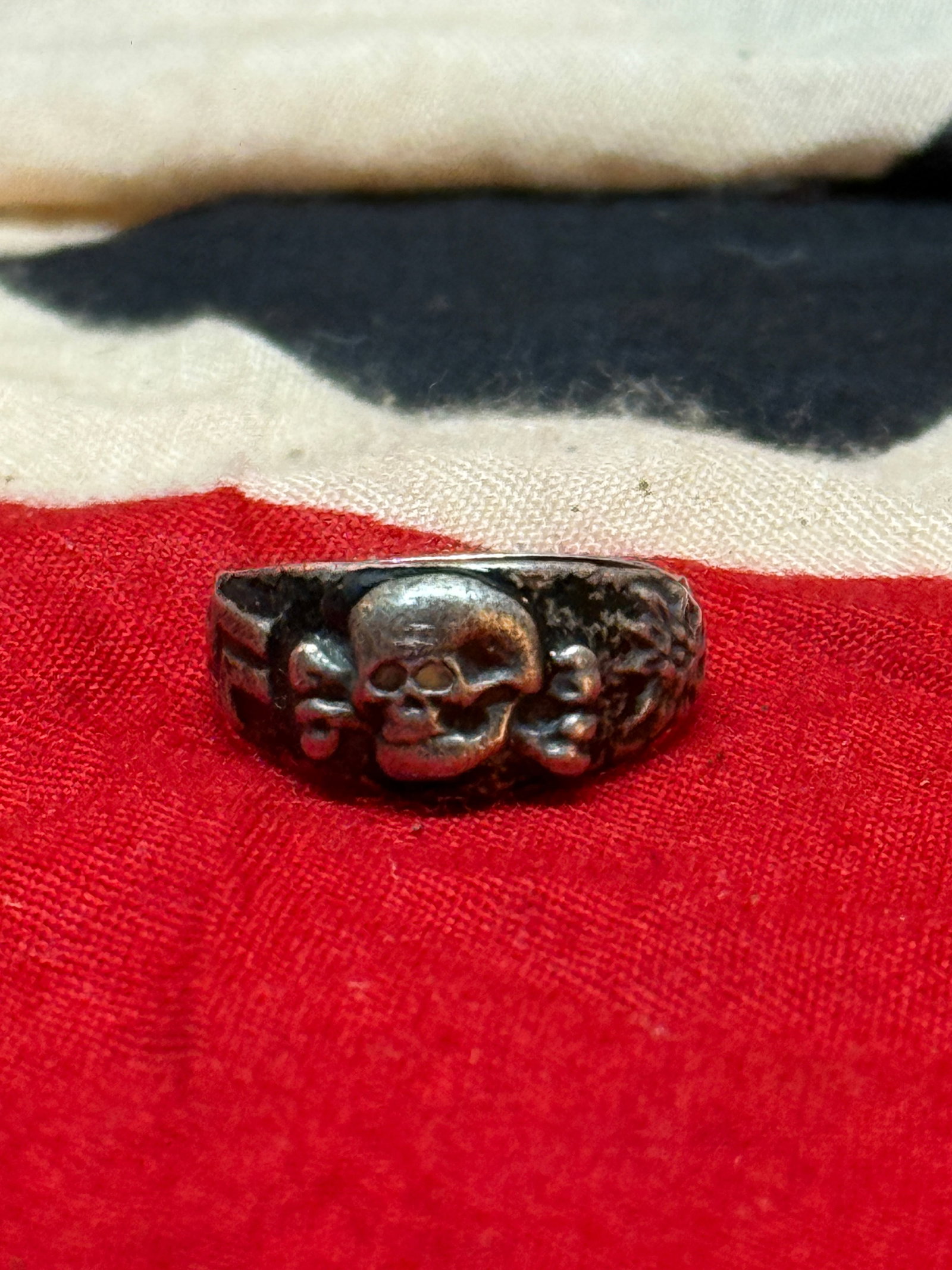 WWII German Totenkopf Skull Silver Ring with Crossbones and Swastika Motifs (1 of 3)