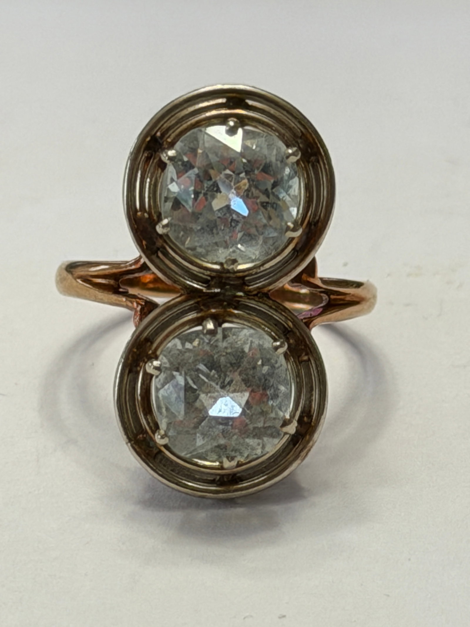 Retro 14K Gold Doublet Stones Cocktail Ring Sz 5.5: Striking retro cocktail ring crafted in 14K gold, featuring a distinctive double-stone design. The ring showcases two large round faceted stones set vertically in bold, raised bezels, creating a drama