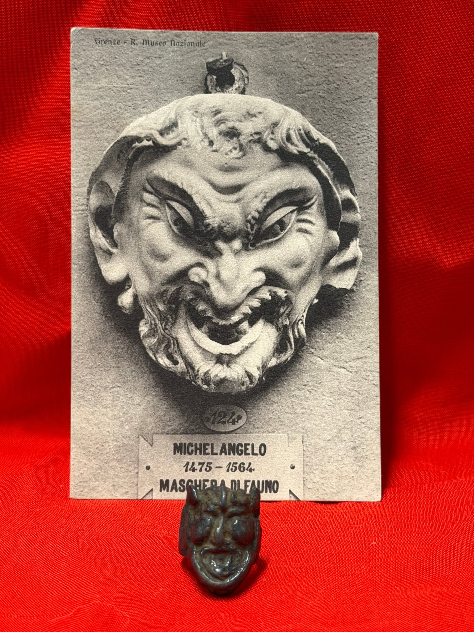 WW2 German SS Viking Division Style Devil Mask Ring with Michelangelo Faun Reference Postcard (1 of 6)