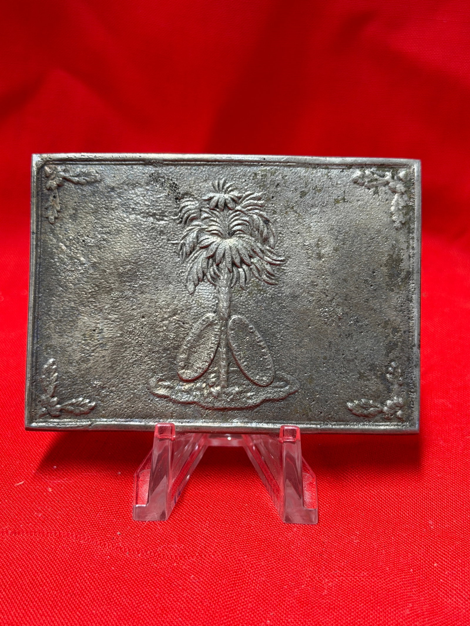 Civil War Era South Carolina Palmetto Tree Brass Belt Buckle Confederate Style Plate: Civil War era style rectangular brass belt buckle featuring raised South Carolina palmetto tree and crescent motif with decorative corner details. In our opinion this piece appears consistent with Con