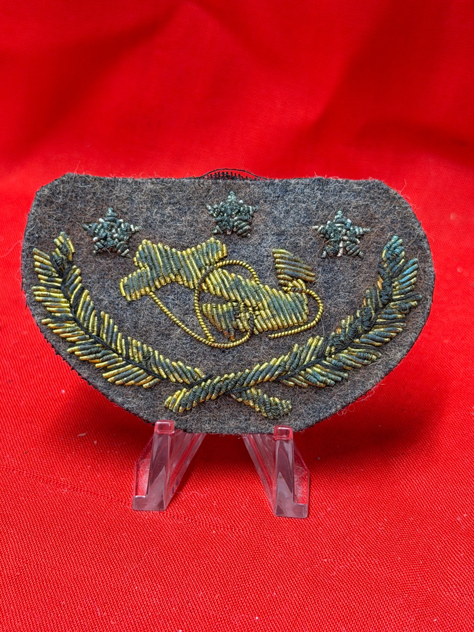 Civil War Confederate Navy 3 Star Headgear Badge J.H. Silverberg Bullion Wire Insignia: Civil War Confederate Navy style three star headgear badge attributed to J.H. Silverberg featuring detailed bullion wire embroidery with crossed anchors, laurel wreath, and three star design on dark w