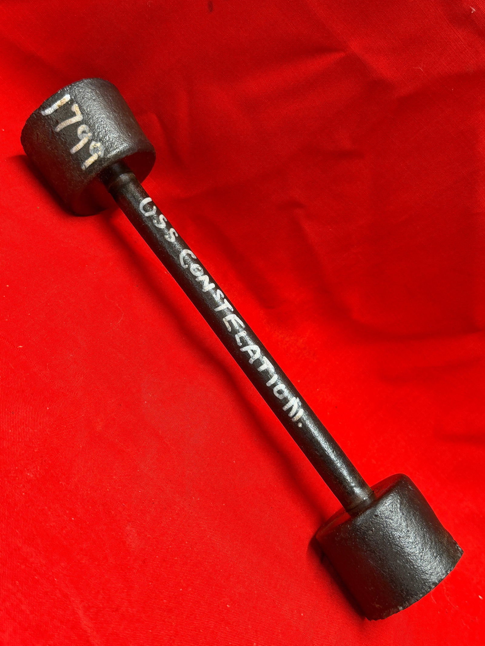 Civil War Era USS Confederate Iron Dumbbell Shot Naval Artillery Relic Cannonball: Heavy iron dumbbell style artillery projectile marked “USS CONSTITUTION” with inventory number “1799.” In our opinion this piece resembles a Civil War era naval dumbbell shot or bar sh