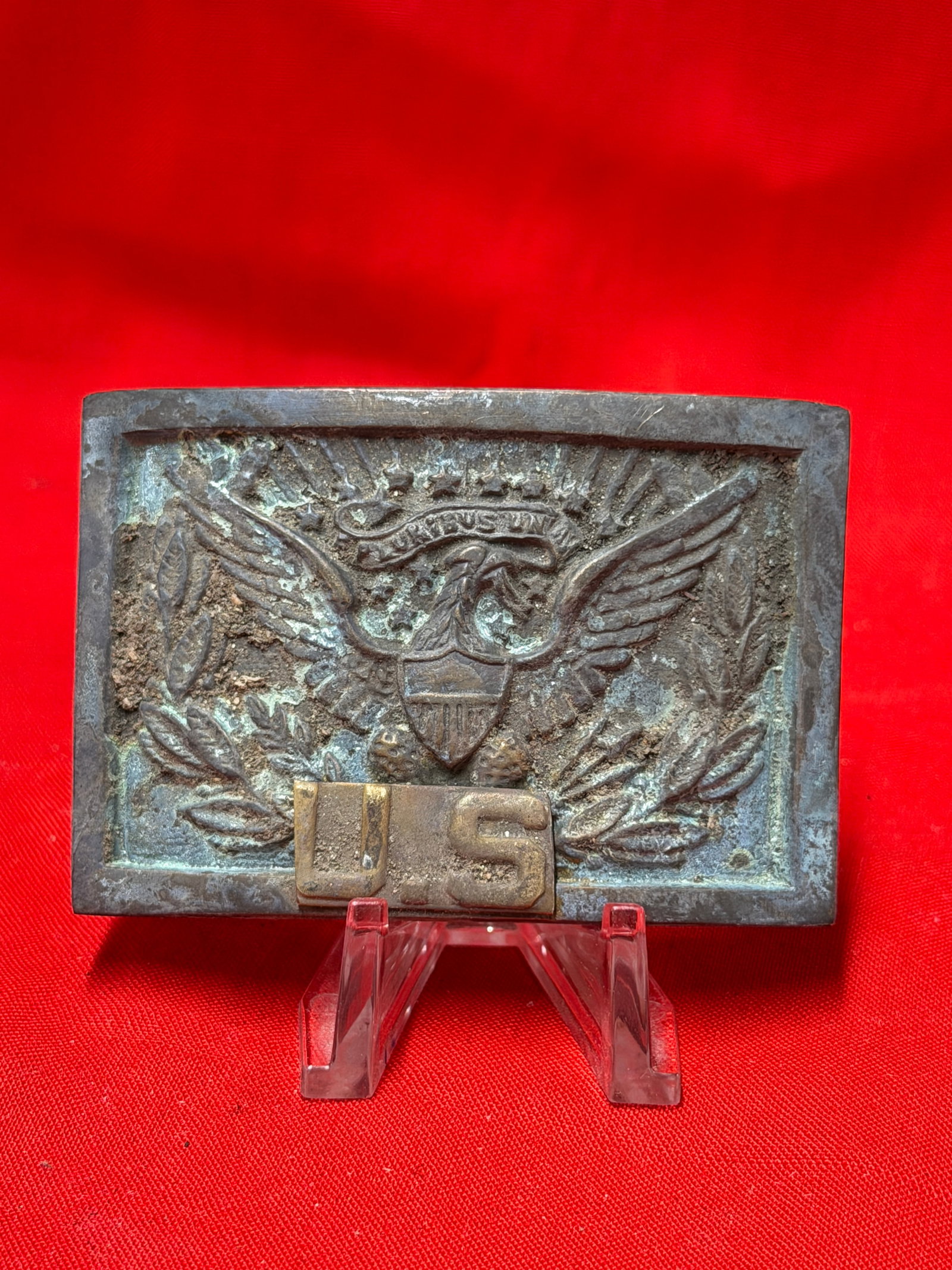 Civil War Era Union US Federal Eagle Belt Plate Brass Buckle Relic: Rectangular brass belt plate featuring raised Federal eagle with shield, stars, laurel wreath, and applied “US” device to front. In our opinion this piece resembles a Civil War era Union Feder