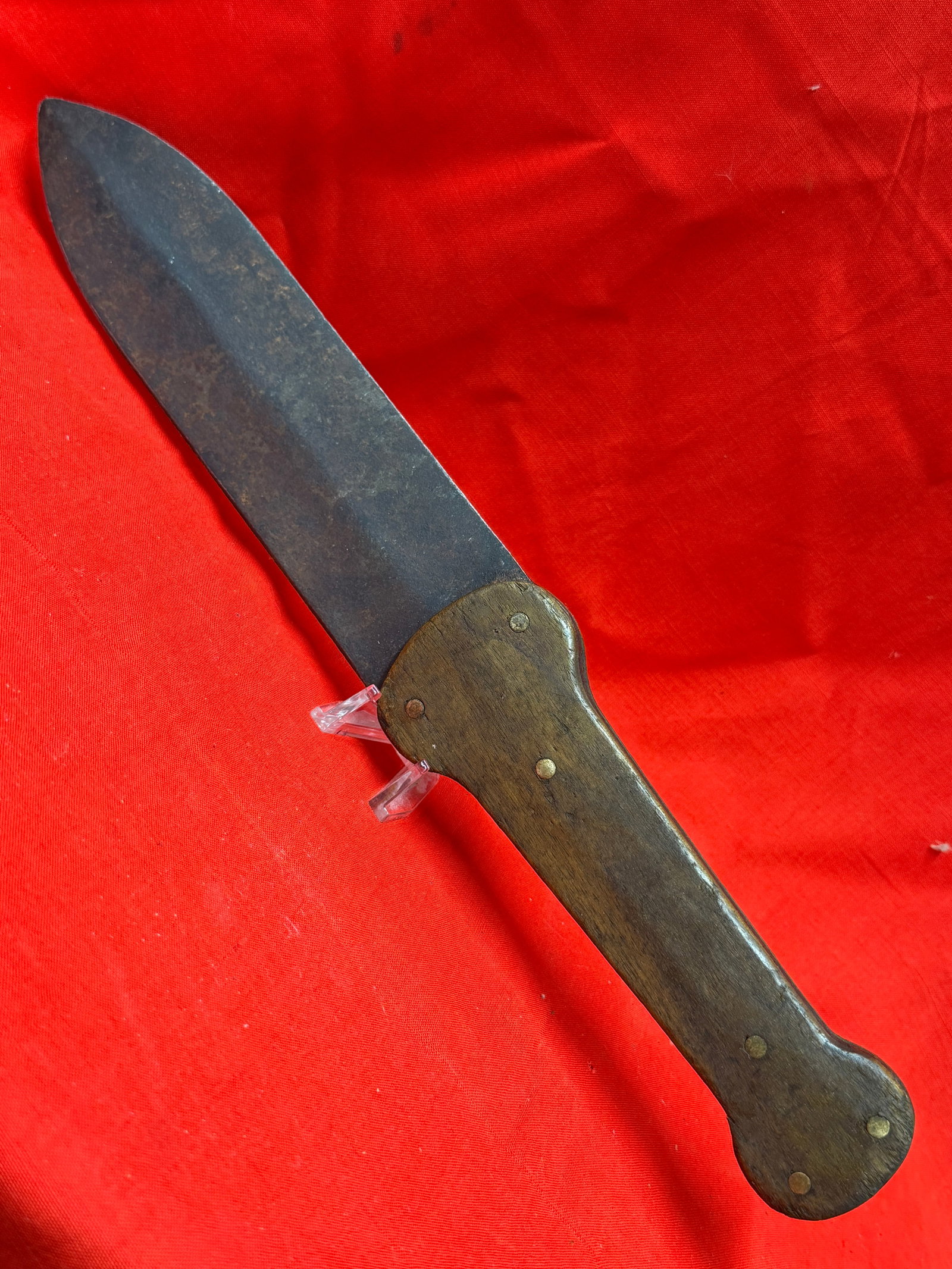 1800's Hudson Bay Style Trade Knife / Native American Trade Dagger: 1800s Hudson Bay style trade knife featuring a long forged steel blade with dark aged patina and a traditional wood slab handle secured by multiple brass pins. This type of knife was widely used throu